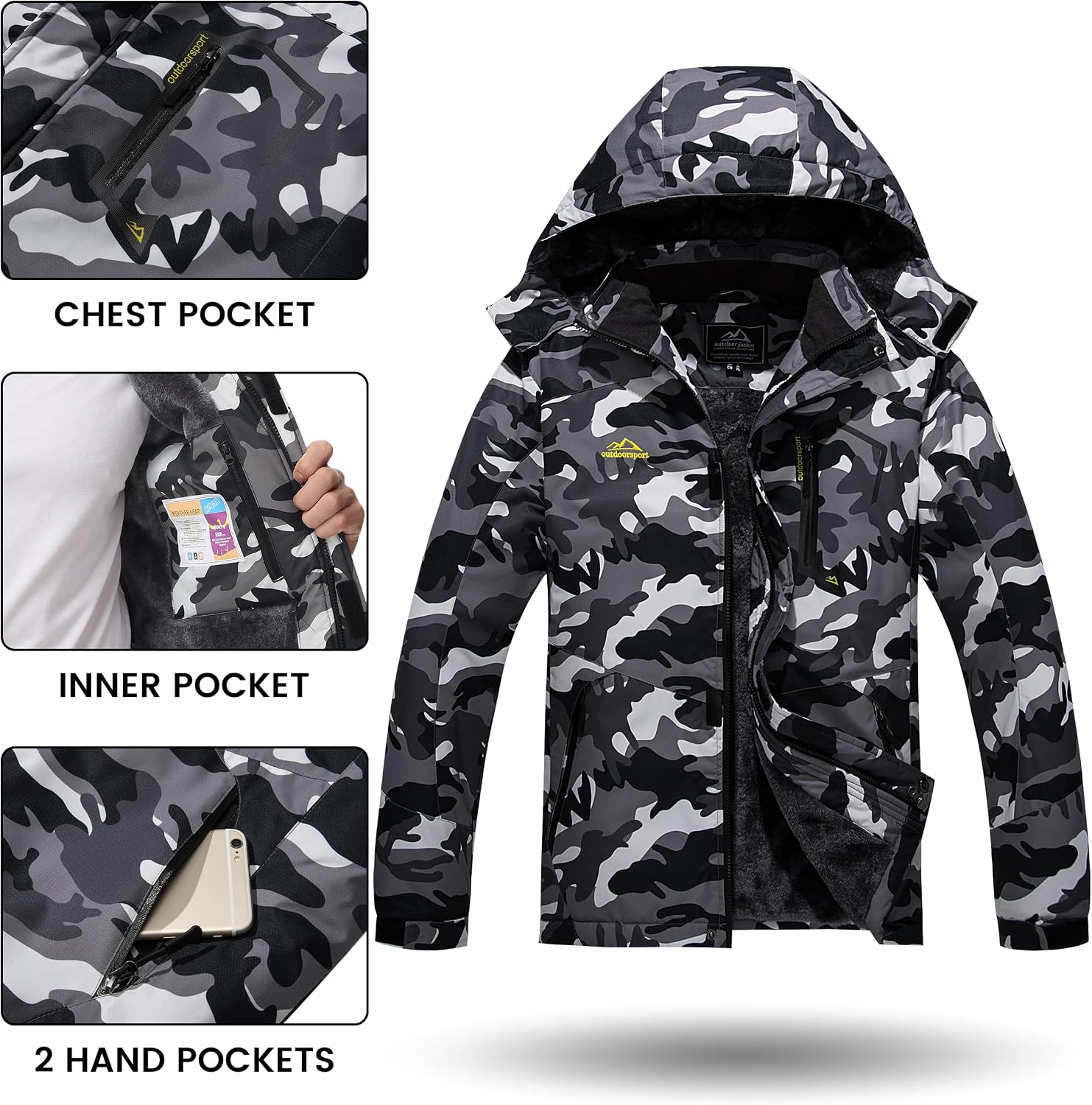 Detalle de TACVASEN Men’s Winter Skiing Jacket (Water-Resistant Fleece Lining, Insulated, Detachable Hood)