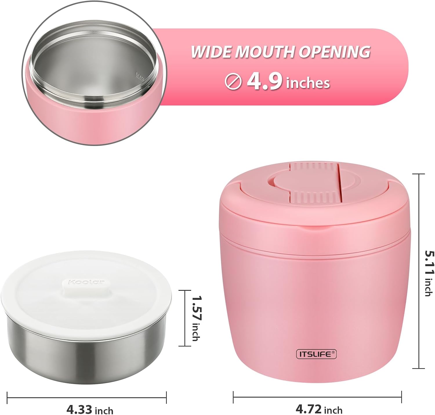 Thumbnail 4 de Itslife Thermobehälter für Essen 970 ml – Thermoschüssel mit Deckel, Warmhaltebehälter aus Edelstahl mit Löffel (rosa)