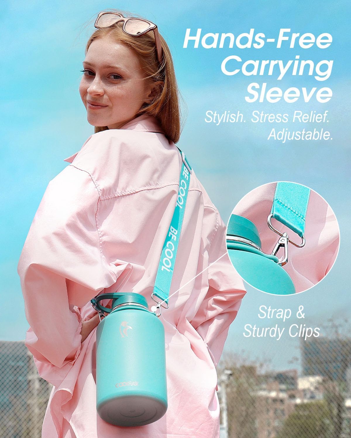 Detalle de Coolflask Water Bottle with Cool Strap, 64 oz Insulated Stainless Steel Jug