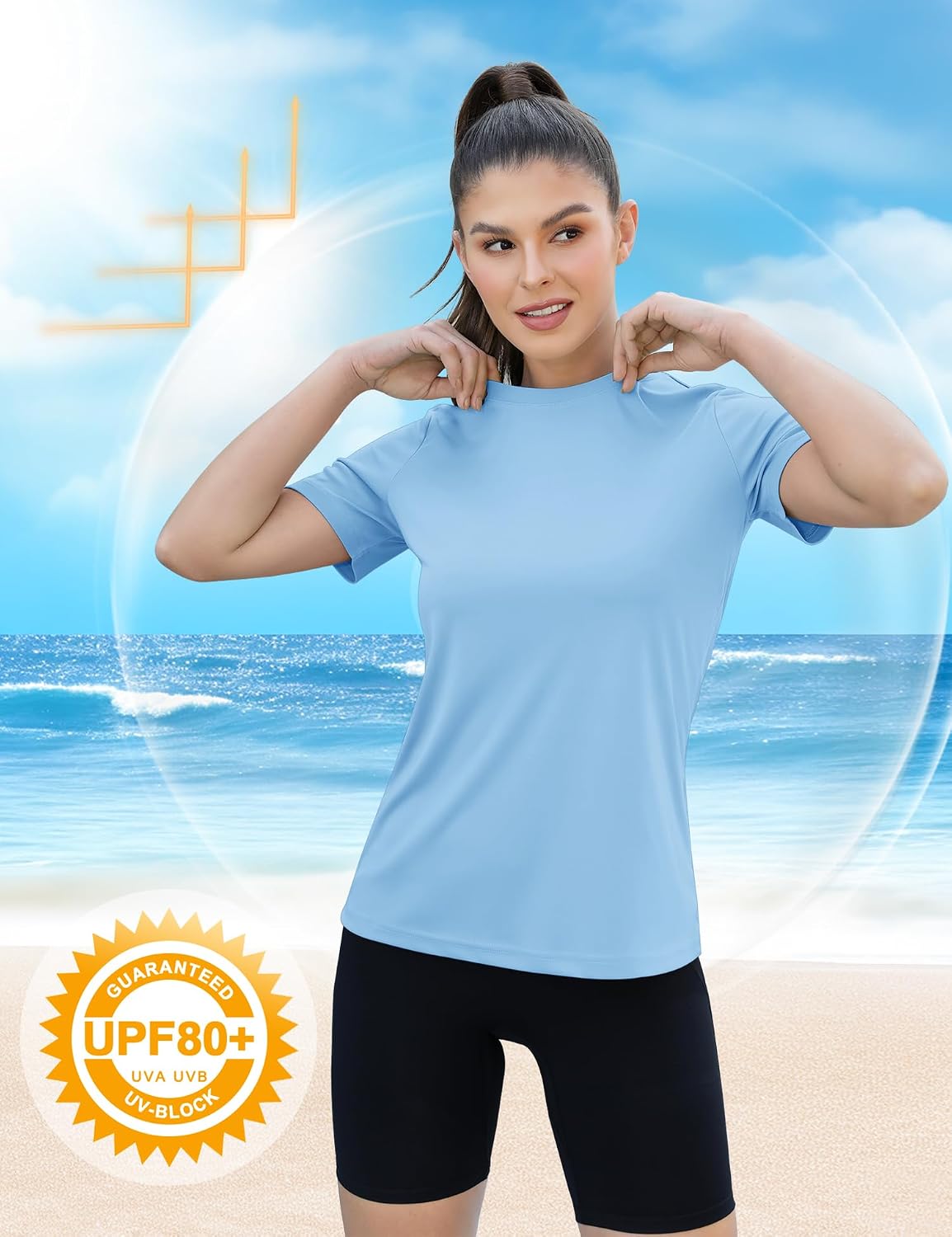 Detalle de Rapbin Sportshirt Damen Kurzarm mit UPF 50+ – leichtes, atmungsaktives Funktionsshirt für Fitness, Lauf- und Yoga-Training
