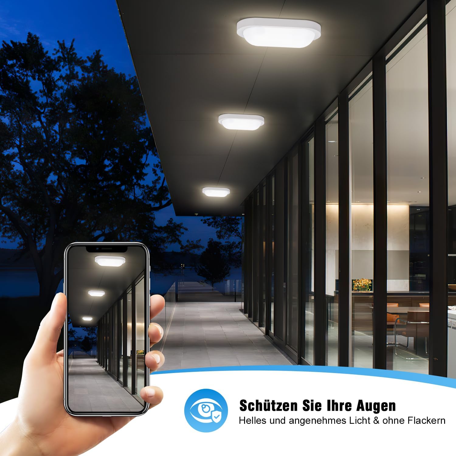 Detalle de IEGLED 2er-Set Kellerlampe mit Bewegungsmelder (Radar), IP65 LED Wandleuchte mit Dämmerungssensor, 12W oval