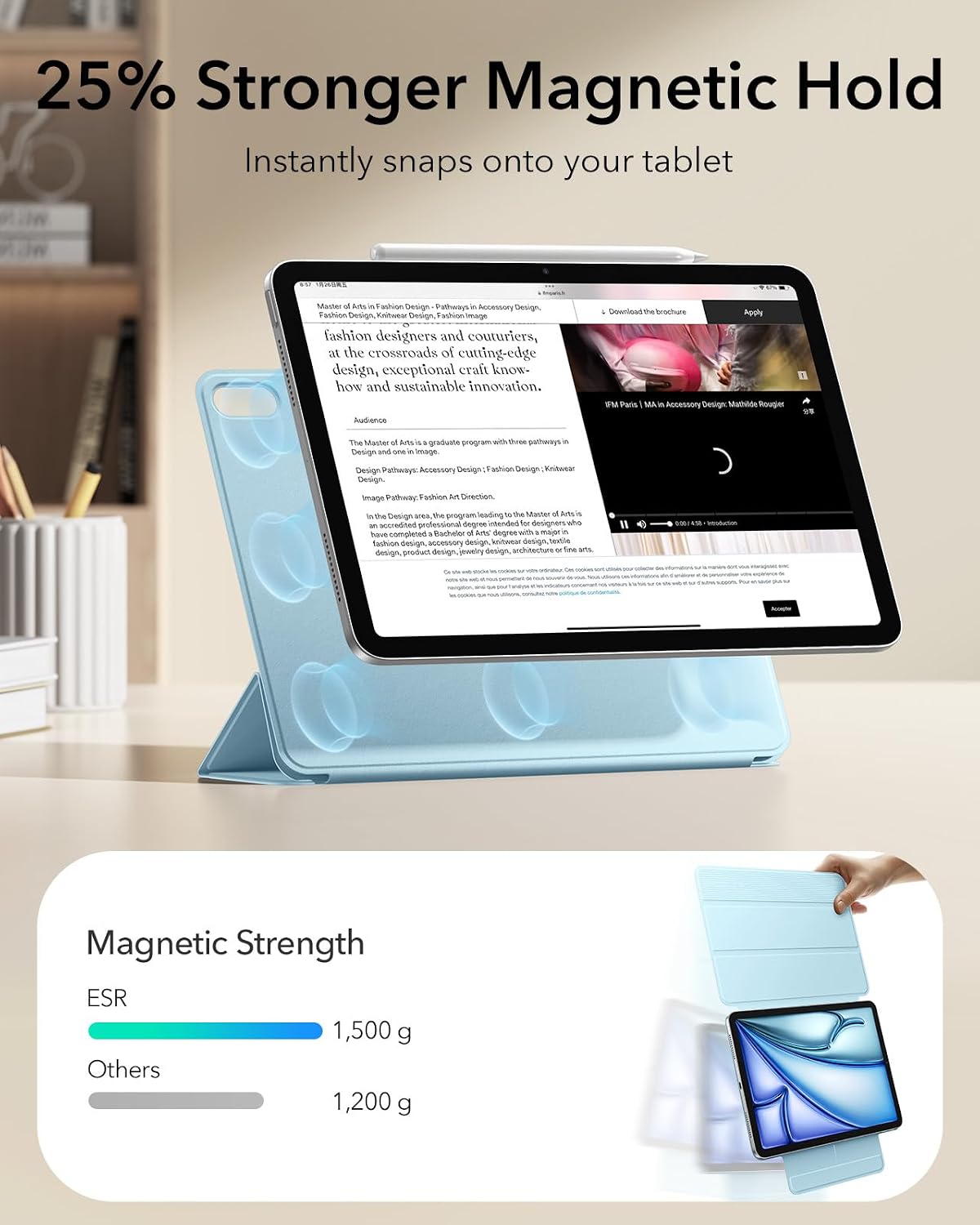Detalle de ESR Hülle für iPad Air 11 Zoll (M4/M3/M2) – Starke Magnetbefestigung, Trifold-Ständer, helles Blau