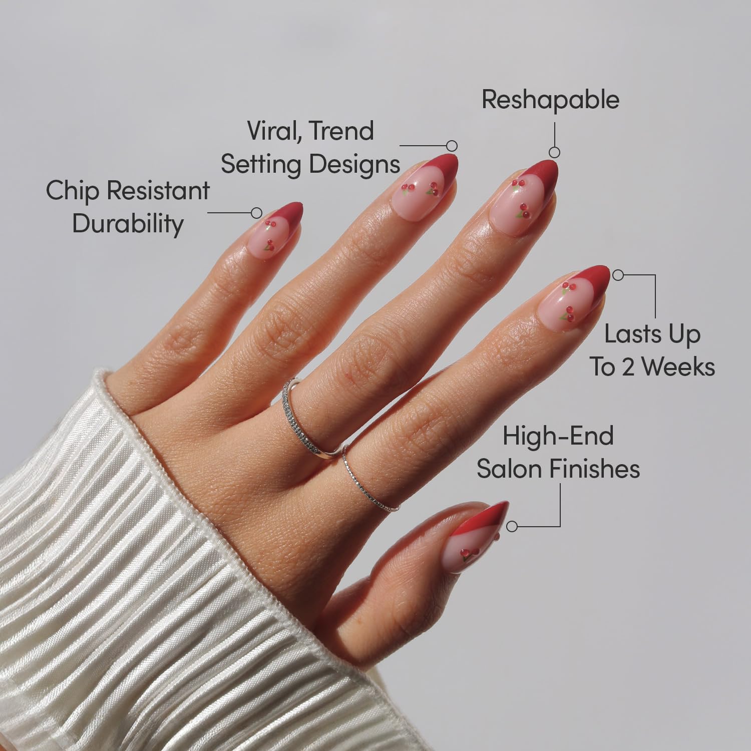 Thumbnail 2 de Glamnetic Cherry Bomb Press-On Nails — Short Almond, Glossy Red French Tips with 3D Cherry Accents