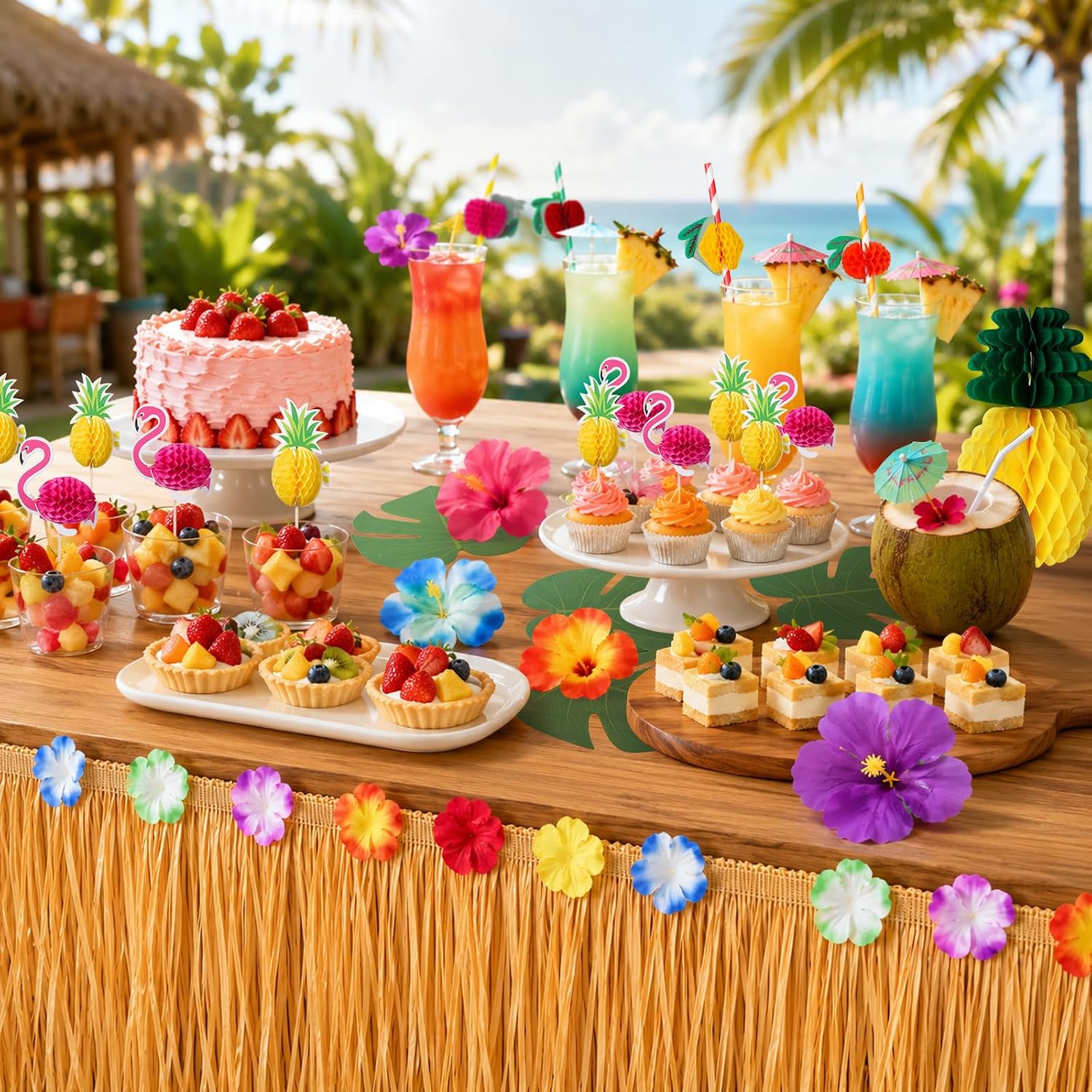 Detalle 2 de URBZUE Hawaii Party Dekoration Set – 97-teiliges Tropenfest Set mit Tischrock, Girlanden, Ananas, Flamingos und mehr