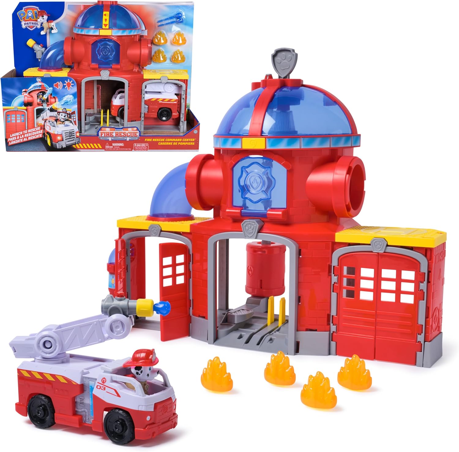 Detalle de Paw Patrol Pat Patrouille – Caserne de pompiers Fire Rescue avec véhicule et figurine Marcus (Marshall) – jeu d’effets lumineux et sonores