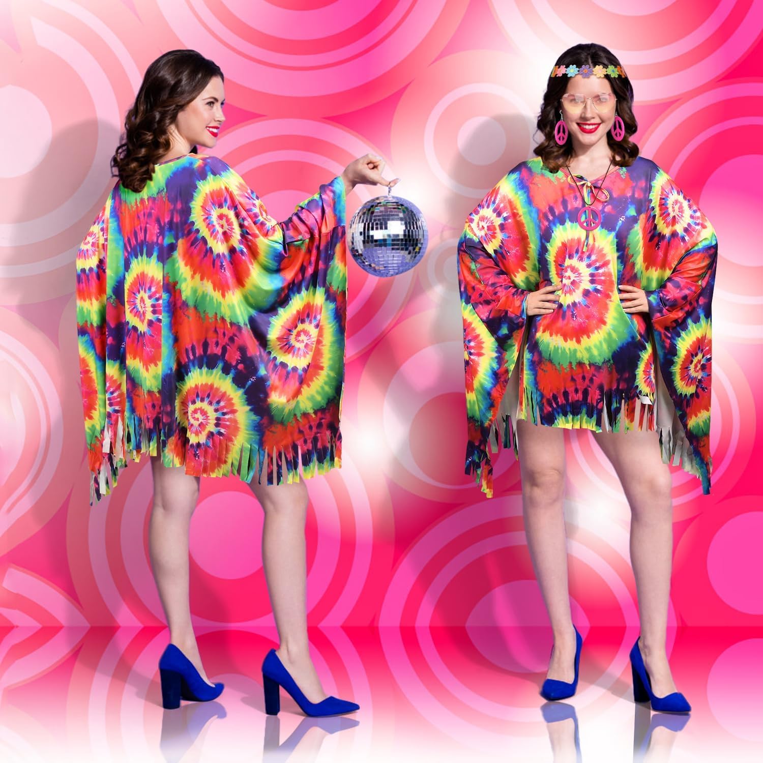 Thumbnail 3 de iZoeL 70s Hippie Costume Set for Women and Men – Batik Poncho, Headbands, Peace Necklace & Accessories