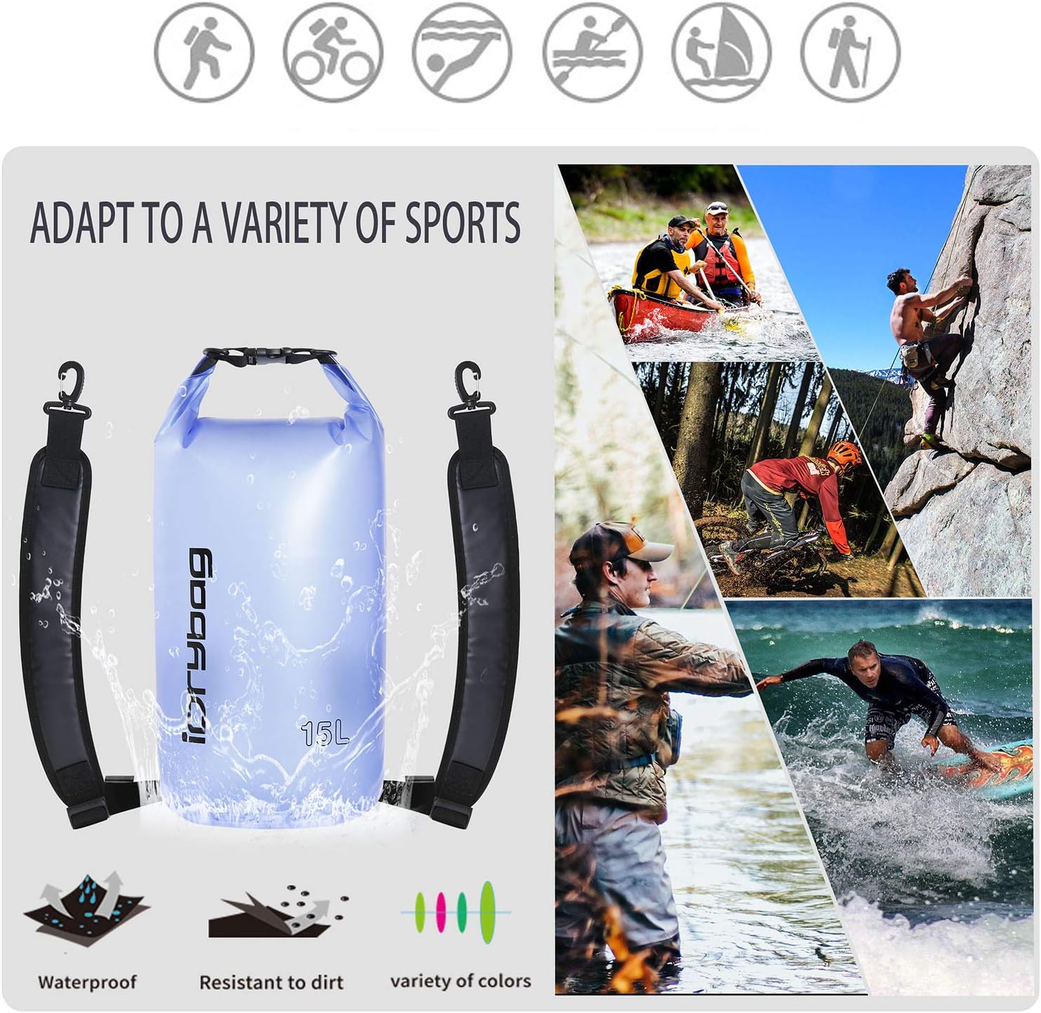Detalle de IDRYBAG Clear Dry Bag Waterproof (2L/5L/10L/15L/20L) – Clear PVC Dry Sack for Kayaking, Camping & Travel