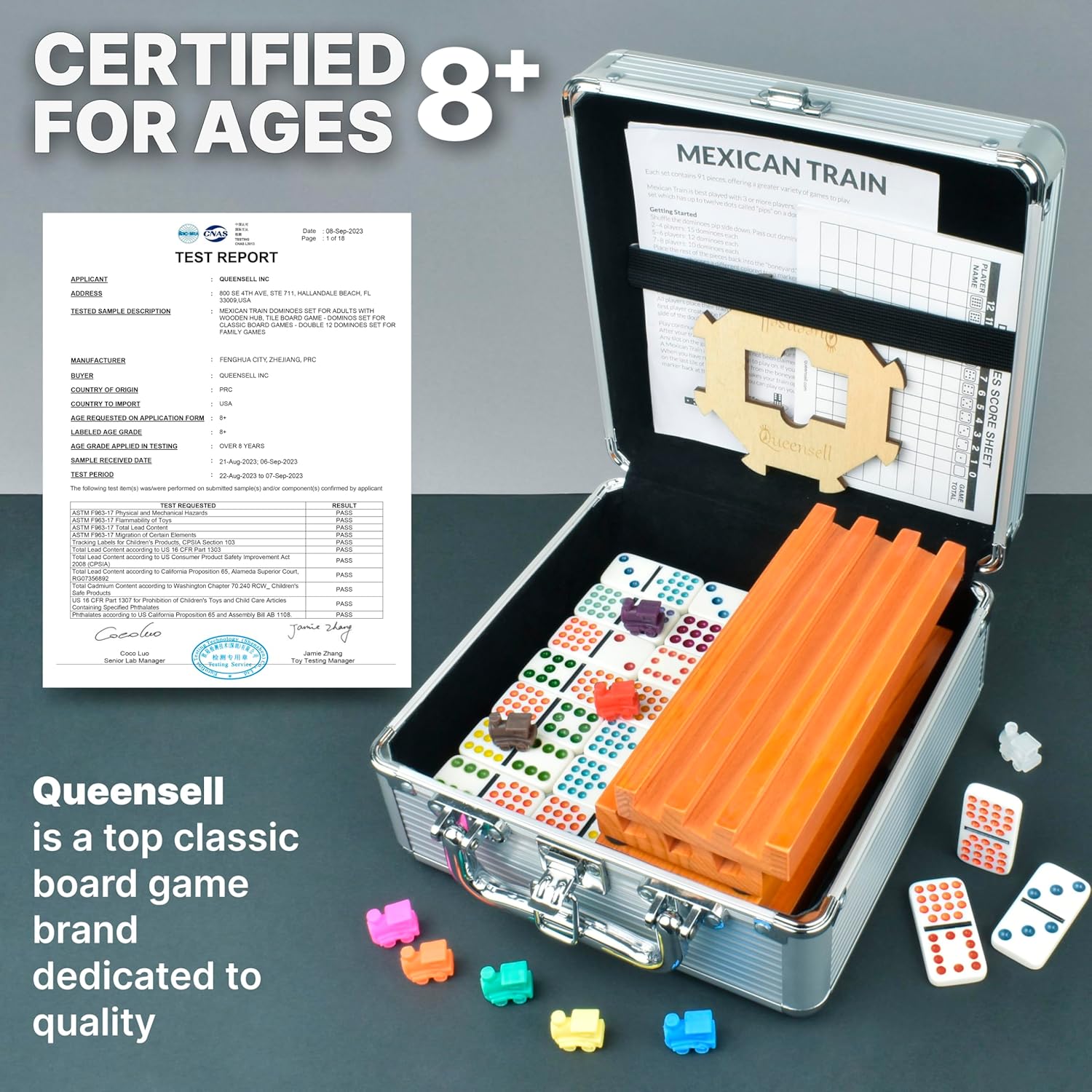 Detalle de Queensell Mexican Train Double-15 Dominoes Set (136 Tiles) with 8 Wooden Holders and Hub