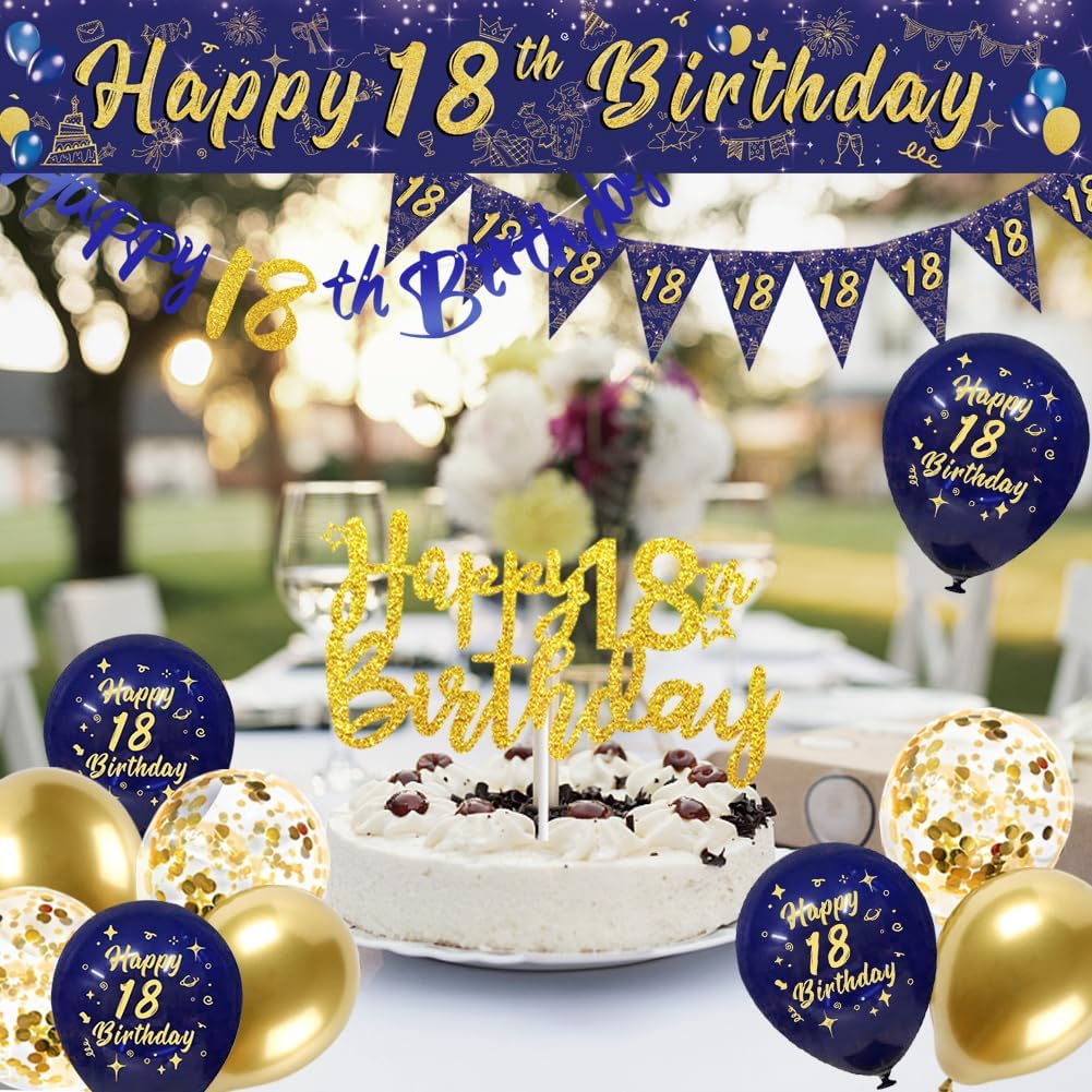 Thumbnail 3 de Navy Blue & Gold 18th Birthday Decorations for Men – Triangular Flags, Balloons & More