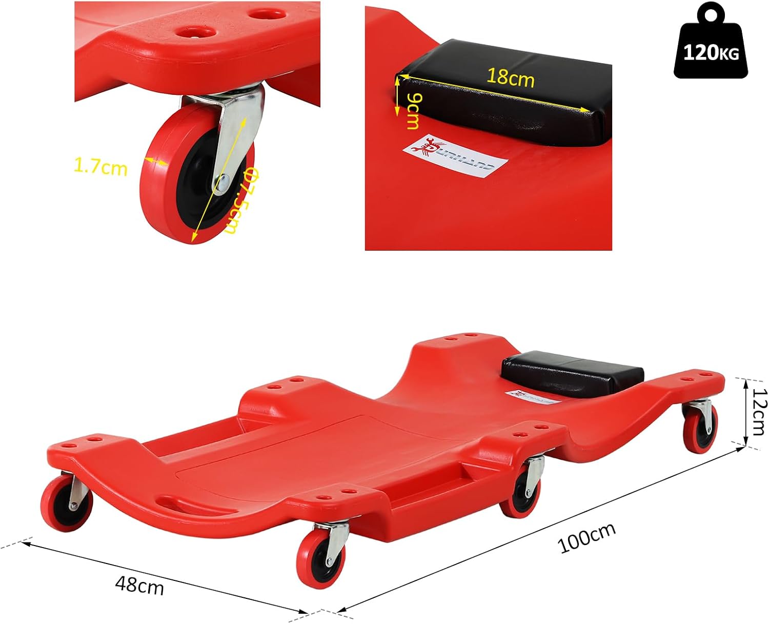 Thumbnail 6 de DURHAND C21-007 Mechanic’s Creeper, Red, with Padded Headrest and Six Castors