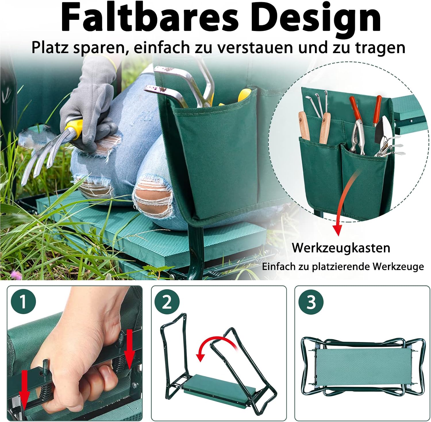 Detalle 2 de LZQ Foldable Garden Kneeler and Seat, 150 kg, EVA Cushion and Tool Bag