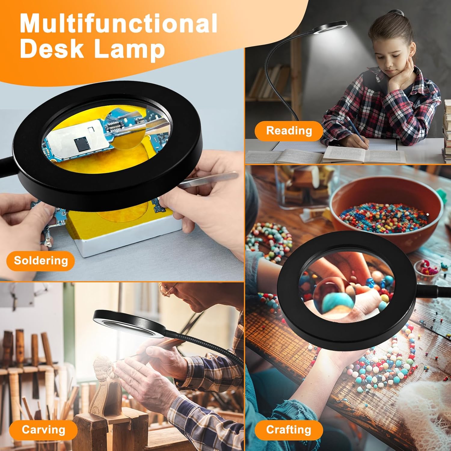 Thumbnail 6 de 20X/10X Dual-lens Magnifying Glass with Light and Timer (2 in 1) – 3 colour modes desk lamp for close-up craft work