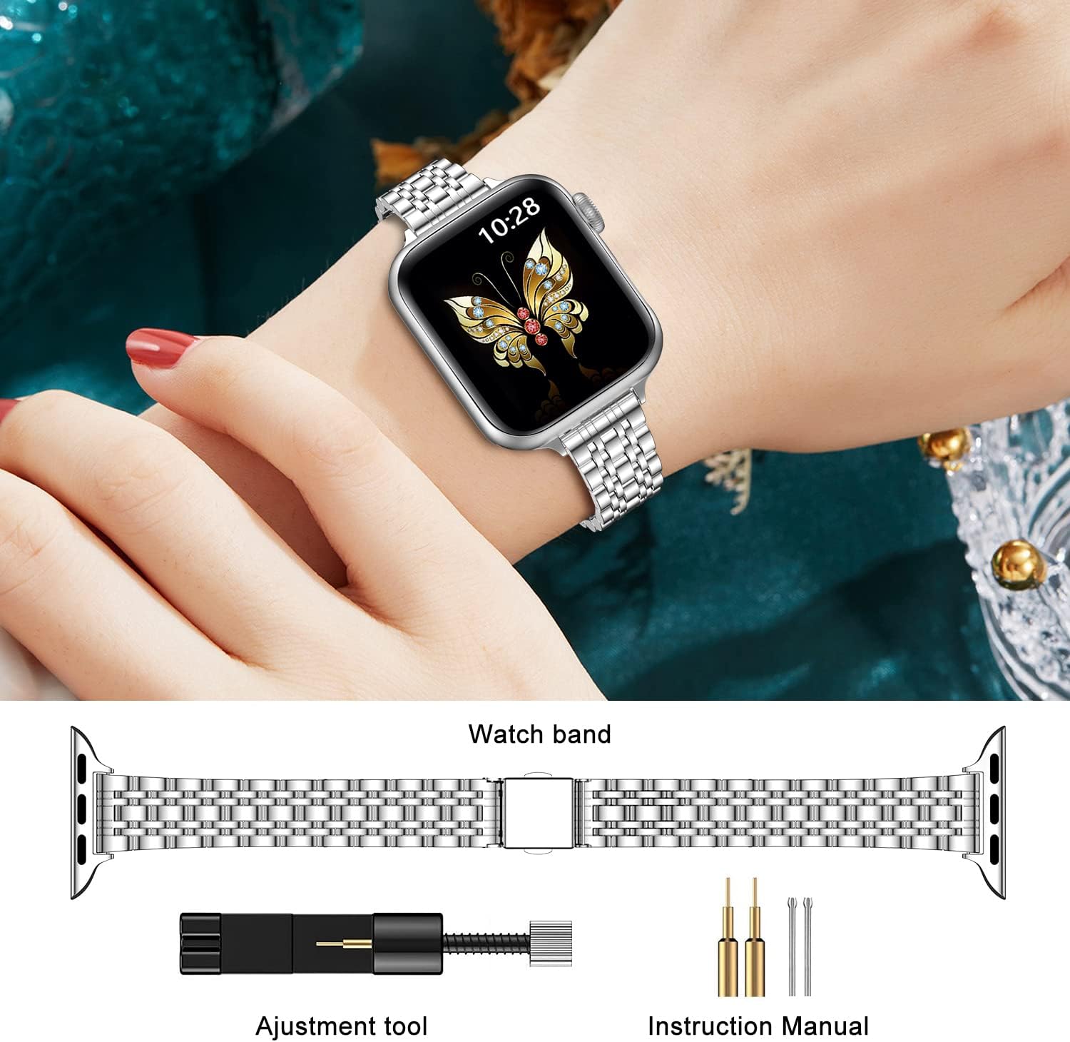 Detalle 1 de MioHHR Slim Stainless Steel Chain Watch Strap (Silver) for Apple Watch 42/44/45/46/49mm