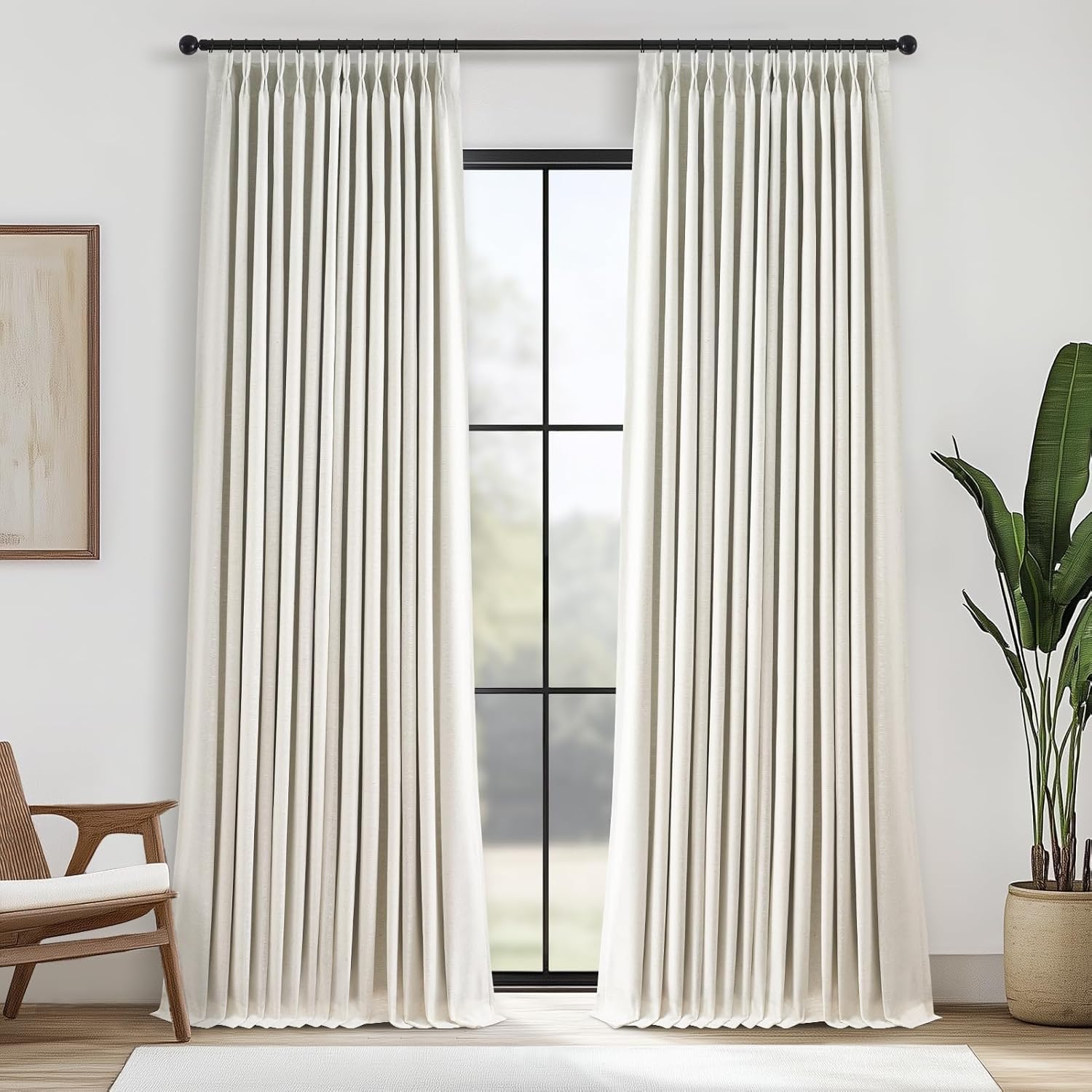 Detalle de Natural 90-Inch Linen Blackout Curtains (2 Panels) — Pinch Pleated, Thermal Insulated & Sound-Reducing