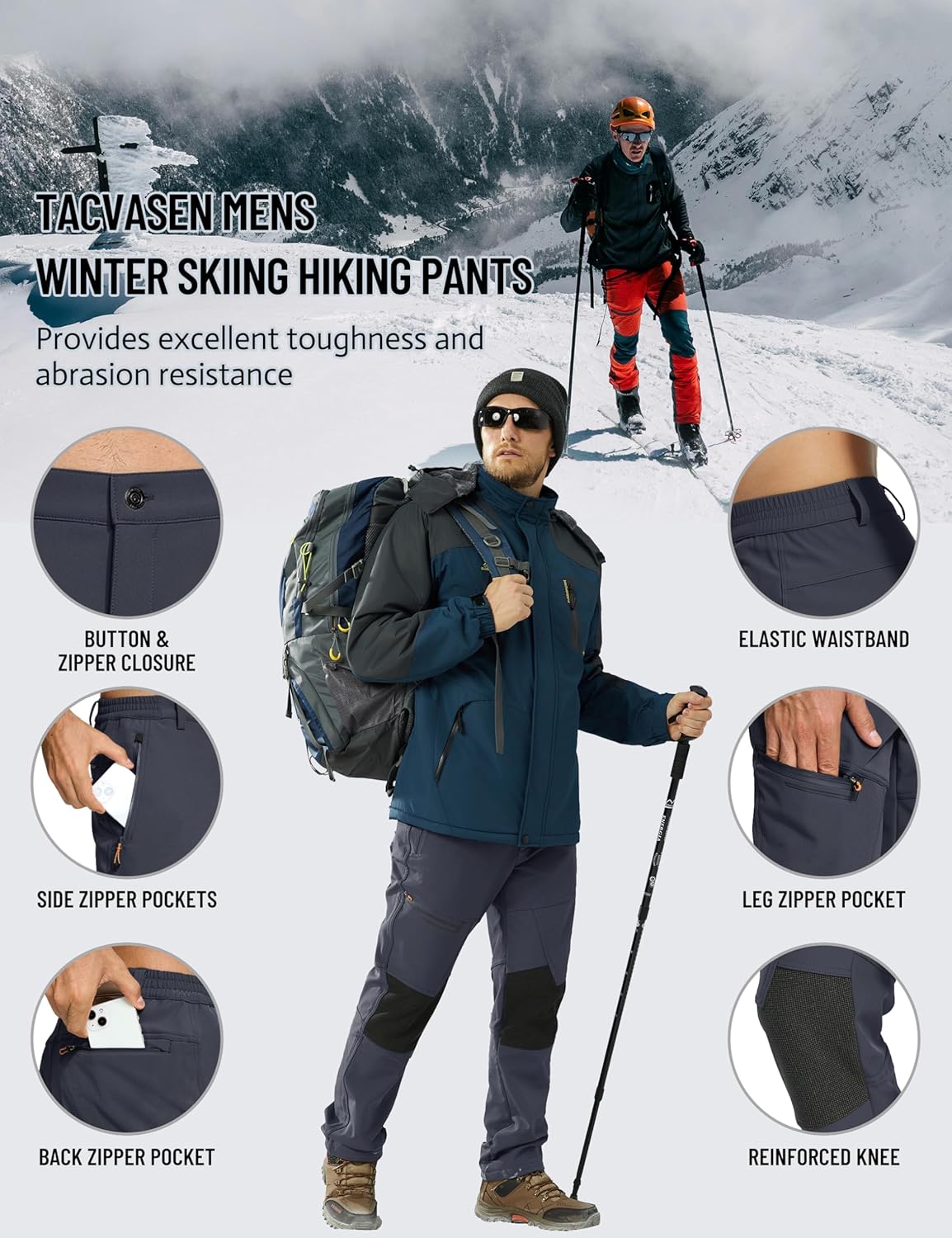 Thumbnail 4 de TACVASEN Men’s Waterproof Trousers (Zip Pockets, No Belt) for Hiking, Work & Outdoor Days