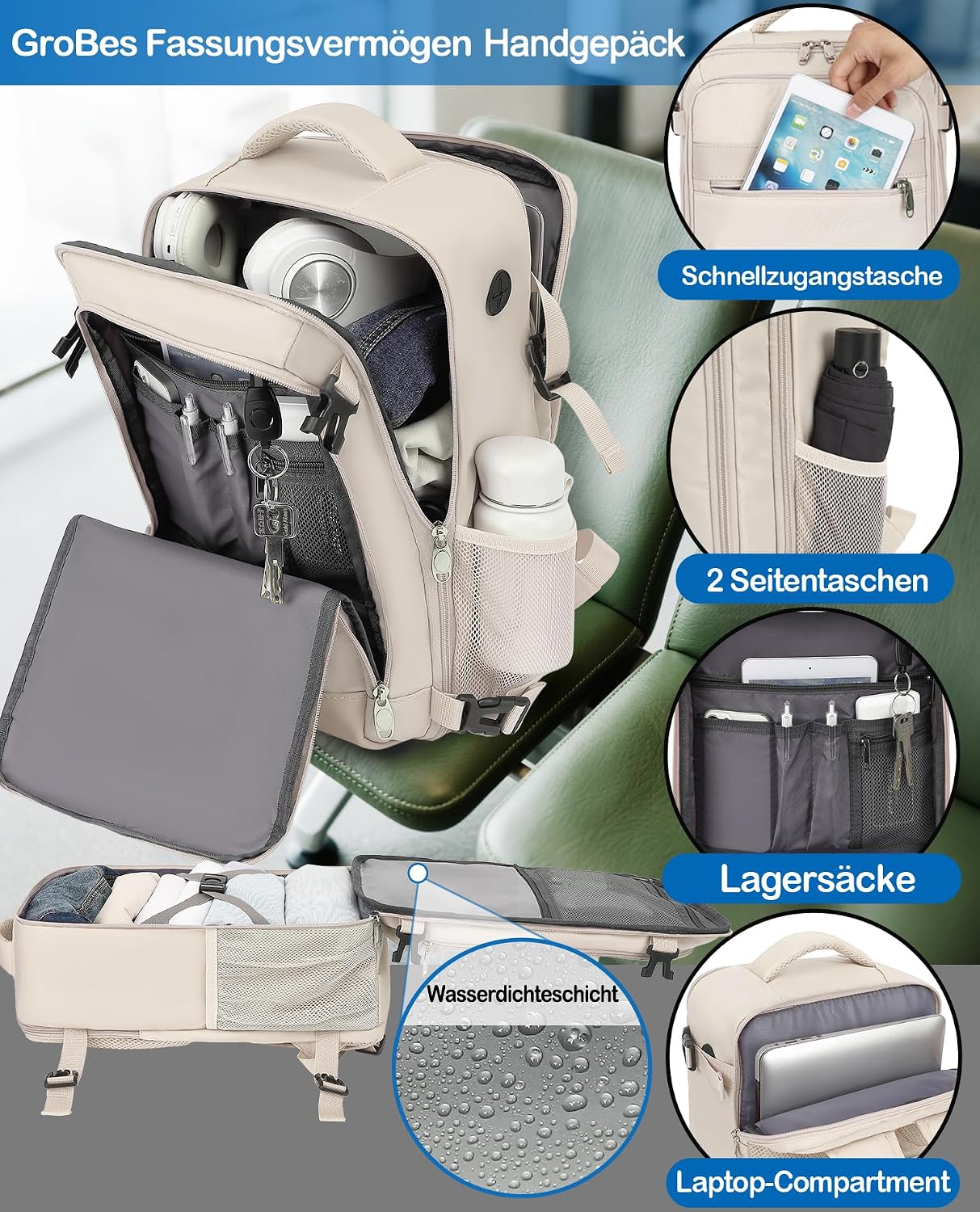 Thumbnail 3 de KLOSTAIN Handgepäck-Rucksack 40 x 20 x 25 cm (20 L) mit 14-Zoll-Laptopfach – Beige