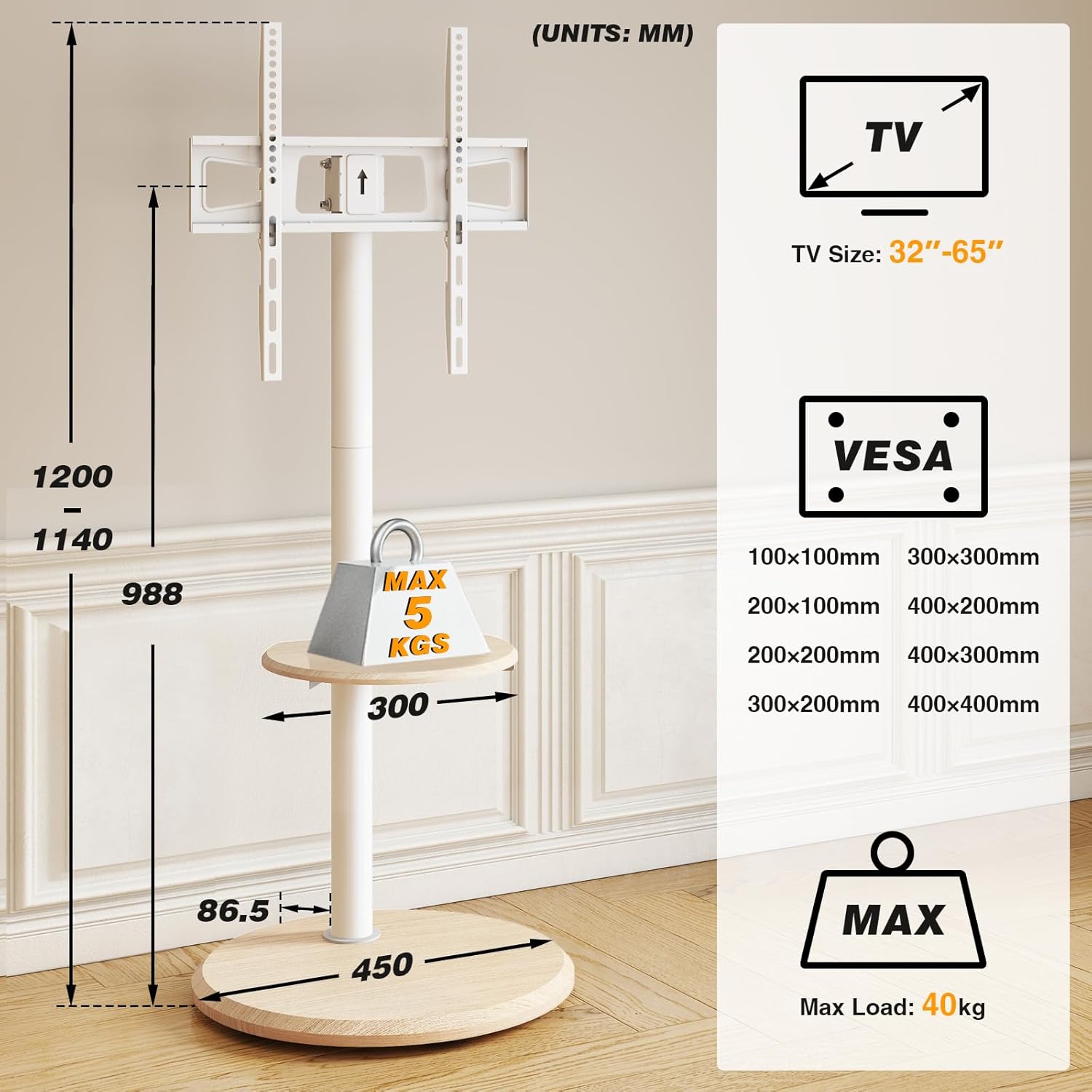 Thumbnail 5 de Support TV sur pied RFIVER avec roues cachées, réglage hauteur & inclinaison (32 à 65 pouces, VESA jusqu’à 400x400) – Blanc