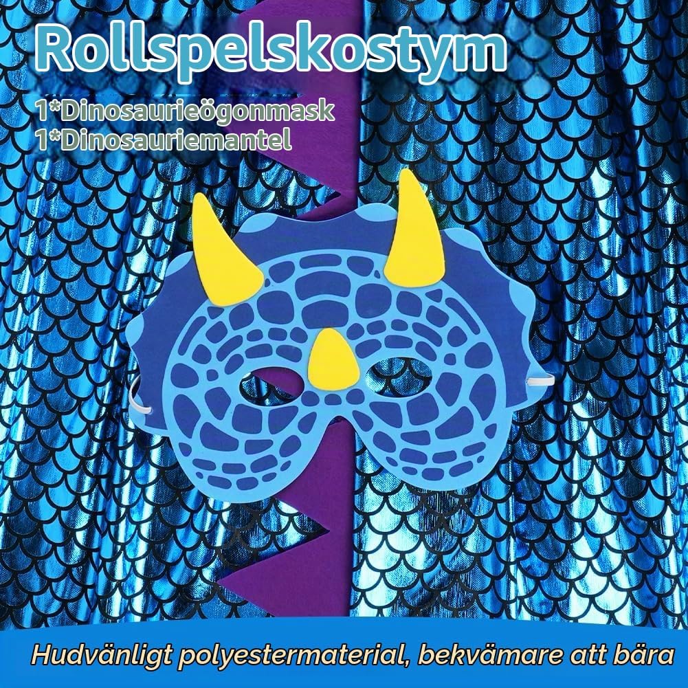 Detalle 2 de AOMIG Dinosaurcape med mask för barn, grön och blå i polyester