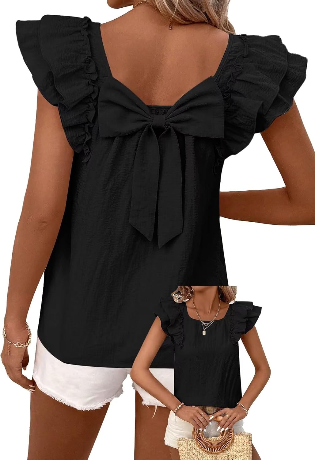 Imagen de Falechay Womens Bow Tie Back Tops Round Neck Ruffle Short Sleeve Babydoll Chiffon Tunic en OfertitasTOP