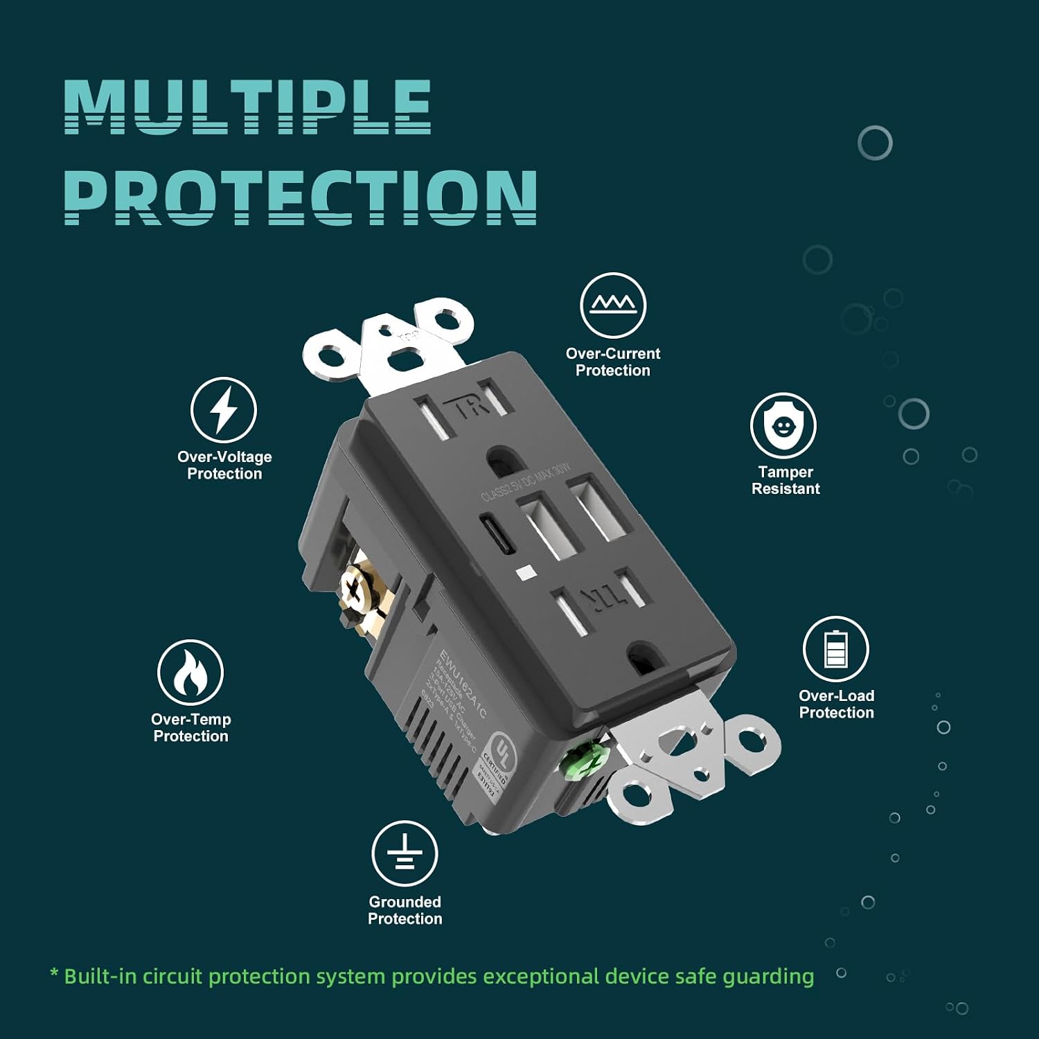 Detalle 2 de TOPELER Black 3-Port USB Wall Outlet, 30W USB-C, 15A Tamper-Resistant