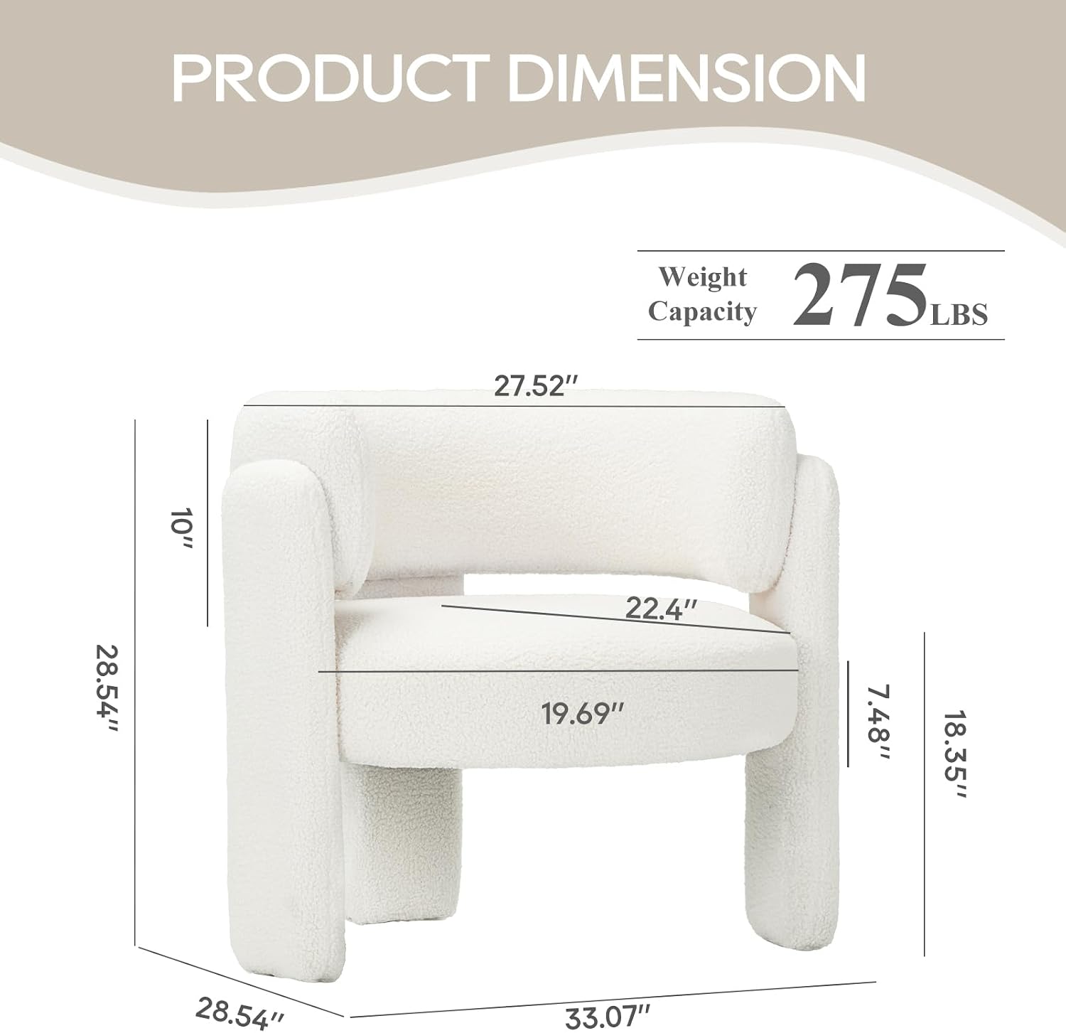 Detalle 2 de COLAMY W181 Sherpa Accent Chair, Cream, Rounded Arms and Three-Leg Design