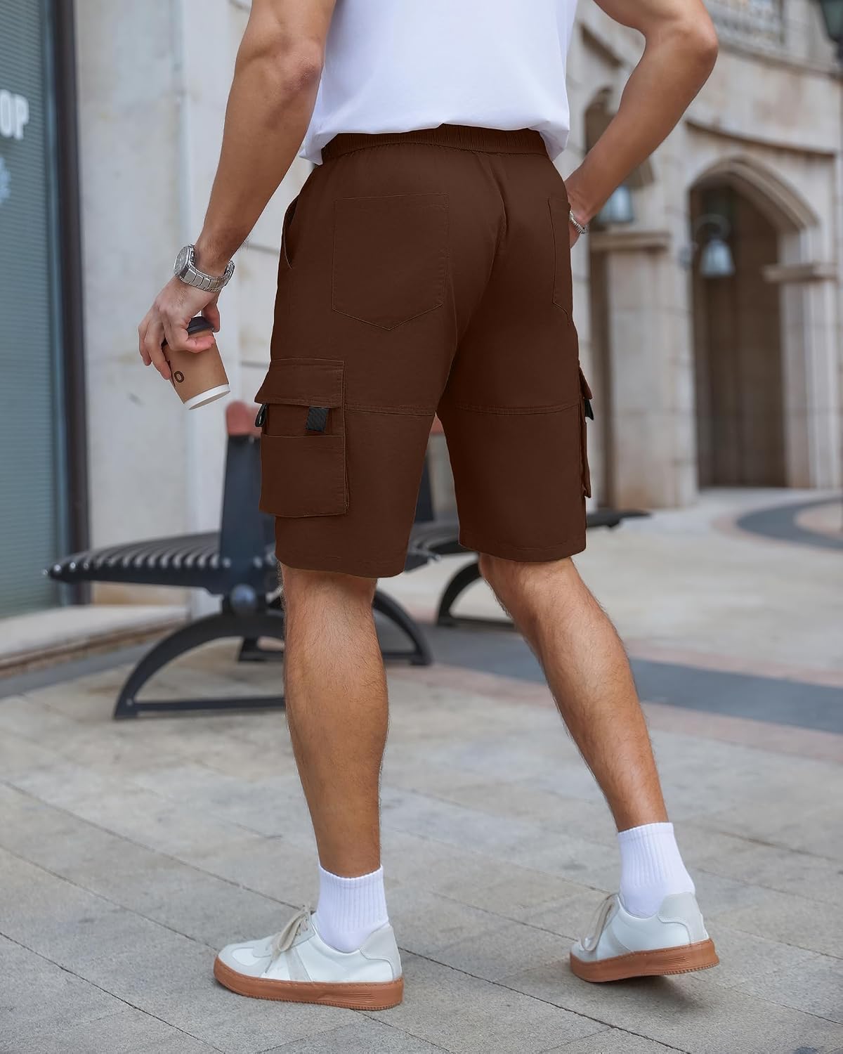 Detalle de APTRO Men's Cargo Shorts with Elastic Waistband and Drawstring – 100% Cotton, Big & Tall Relaxed Fit