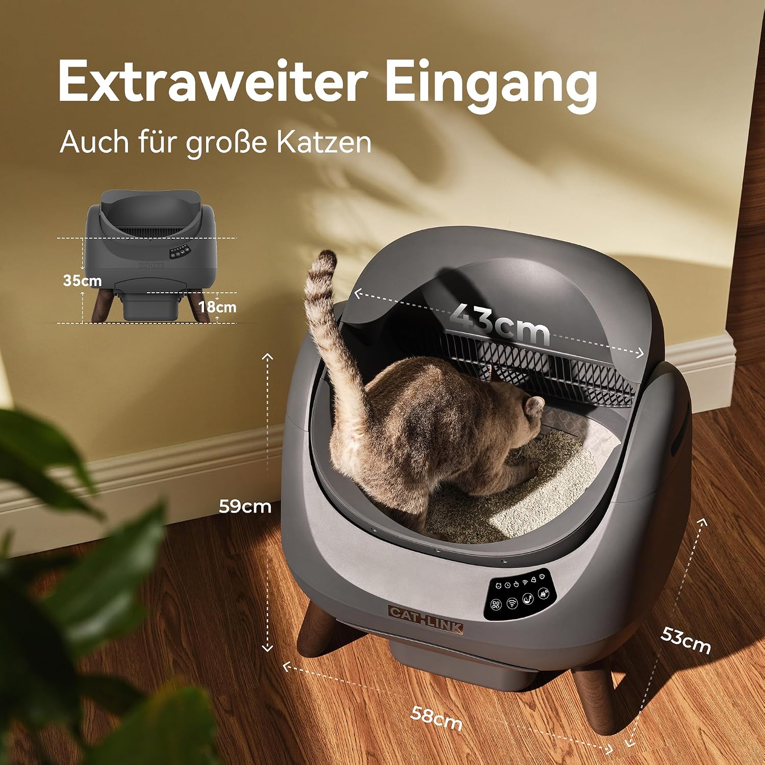 Detalle de CATLINK Selbstreinigende Katzentoilette XXL mit offenem Top-Design, 5 GHz WLAN & 12L Großvolumen (Grau)