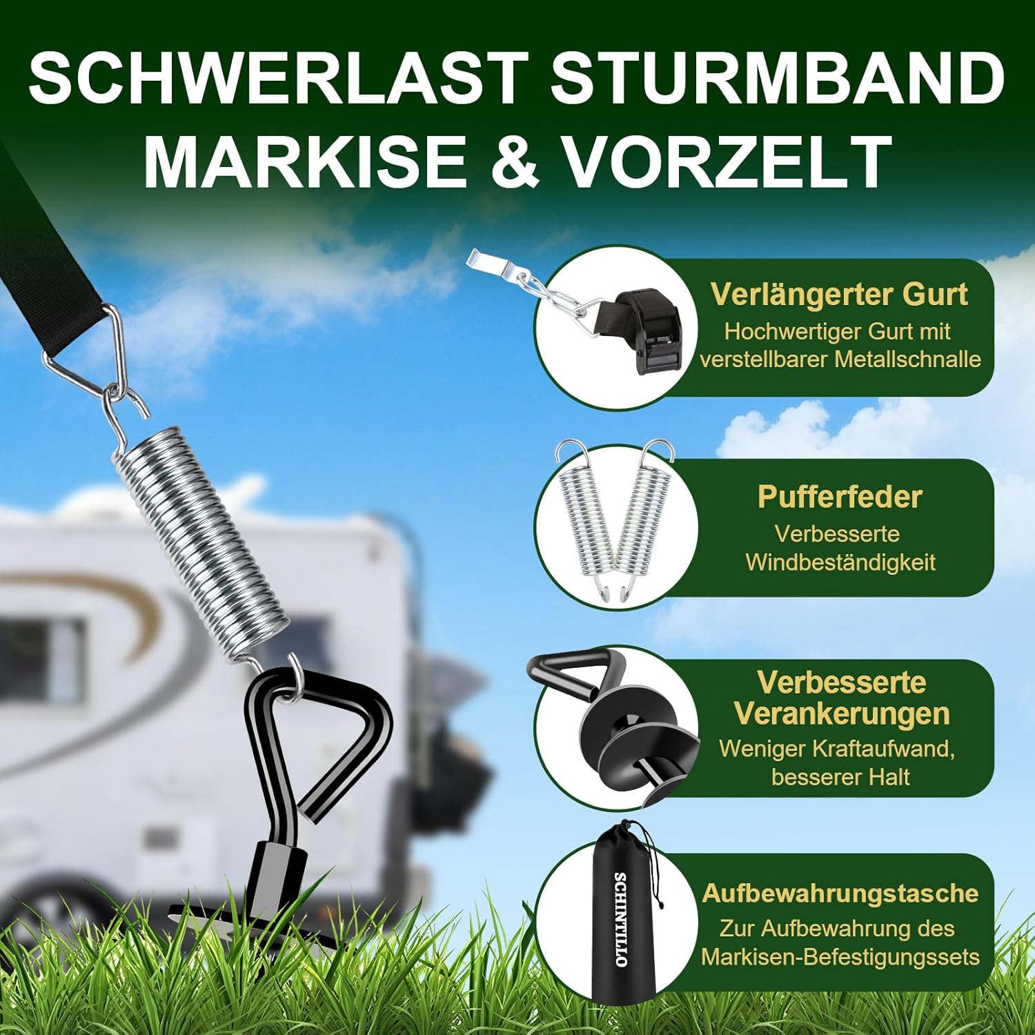 Thumbnail 3 de SCHINTILLO Premium Sturmband Markise Vorzelt für Thule Omnistor – Stabilisierungs-Kit mit 37 cm Spiralförmigen Bodenankern