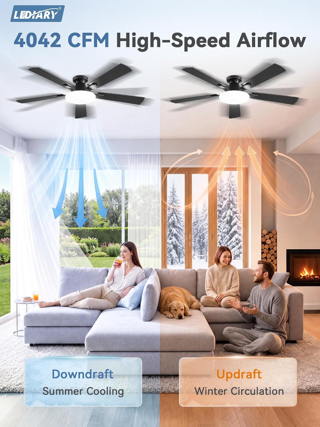 Thumbnail 3 de LEDIARY 52 Inch Flush Mount Ceiling Fan with Lights, Remote & APP Control