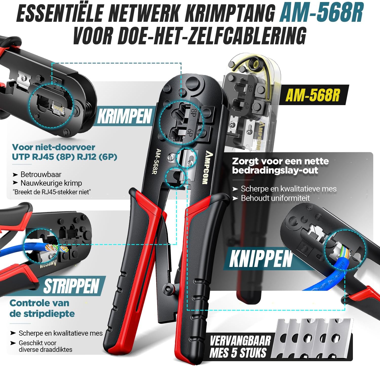 Detalle de AMPCOM 568R Heavy Duty Ethernet-krimpset 7-in-1 voor RJ45, RJ11 en Cat6