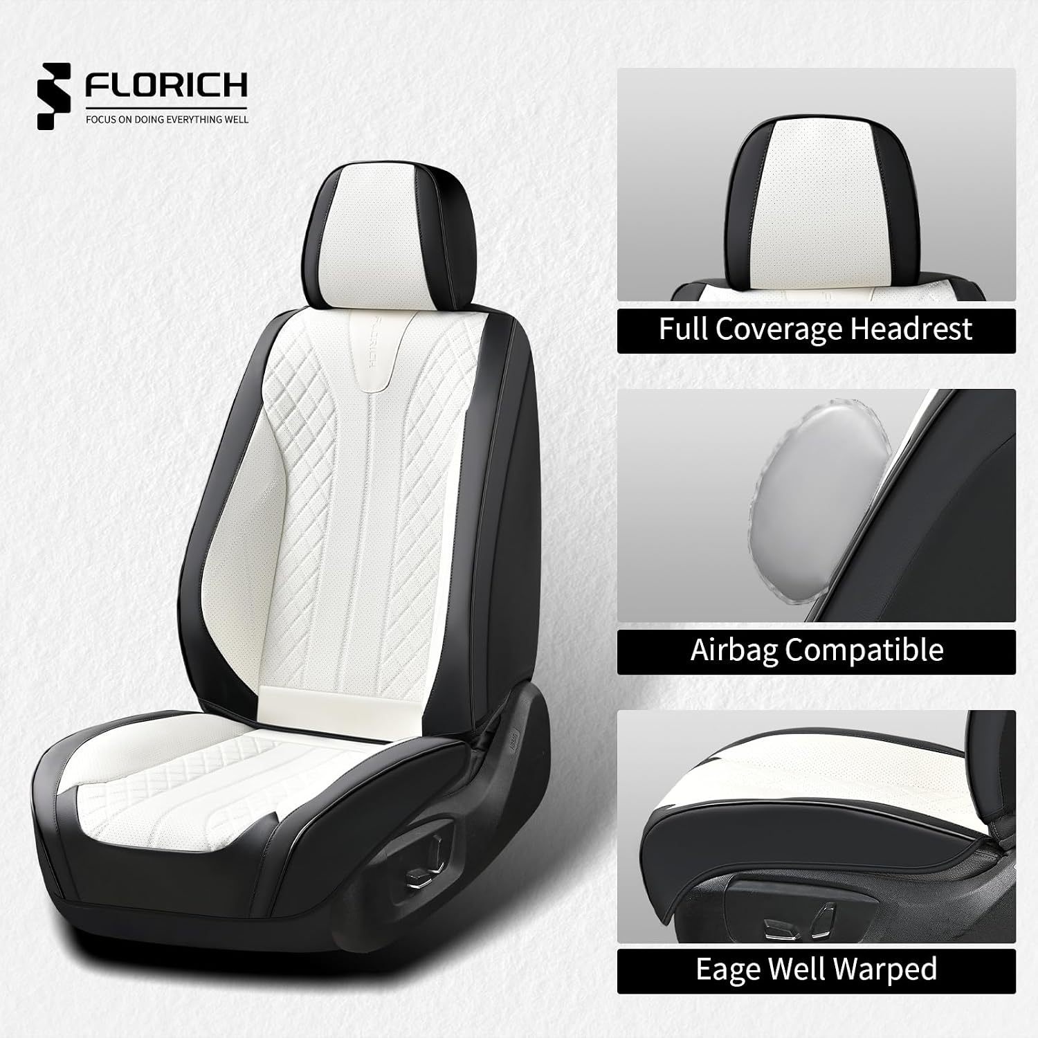 Thumbnail 2 de FLORICH Waterproof Front Car Seat Cover (Faux Leather) — Universal Fit for Most Cars, SUVs, Trucks, Pickups, Black & White