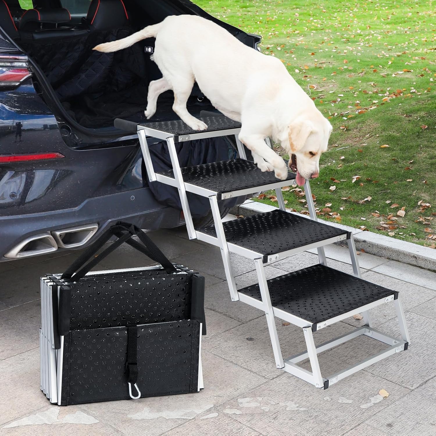 Detalle de Uross Hunderampe Auto 4 Stufen – klappbare Hundetreppe für SUV, Auto und mehr