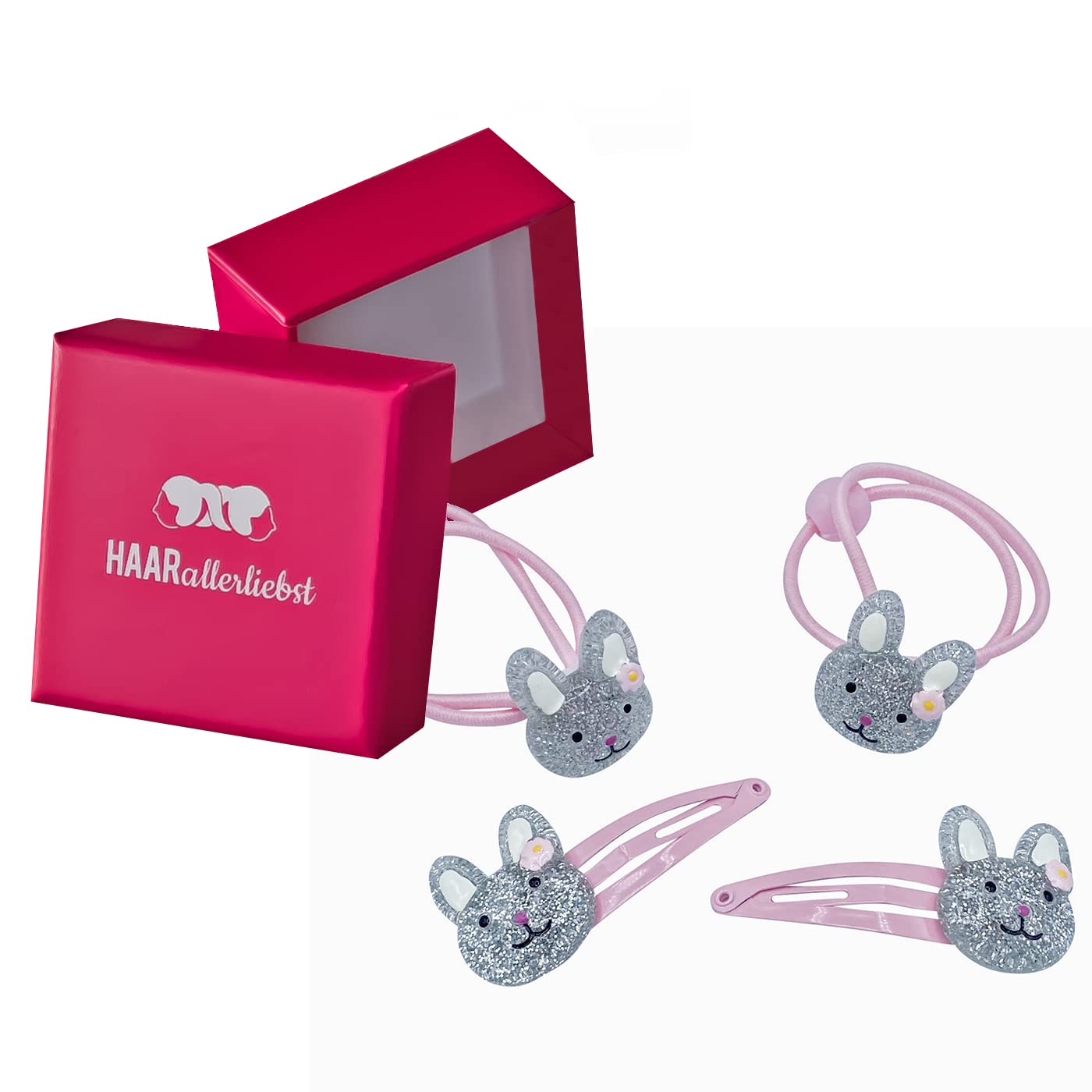 Detalle de HAARallerliebst Haarschmuck Set – 4-teilig, rosa mit Glitzer-Hasen, inkl. Aufbewahrungsschachtel