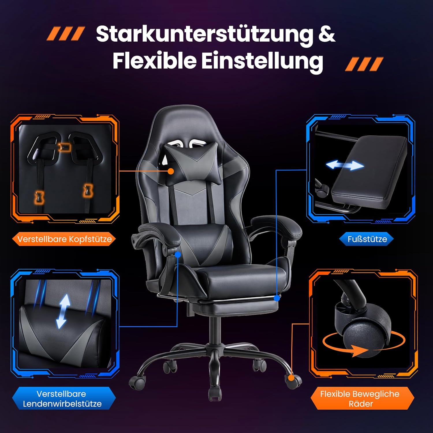 Thumbnail 3 de Sweetcrispy Gaming Stuhl – Ergonomischer Bürostuhl mit Fußstütze, Kopfstütze und Lendenwirbelstütze