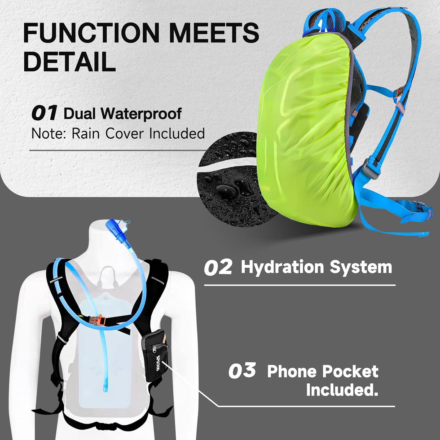 Detalle de SPGOOD Fahrradrucksack mit Trinksystem-Kompatibilität, Regenschutz & Helmabdeckung (20/25/30 l)