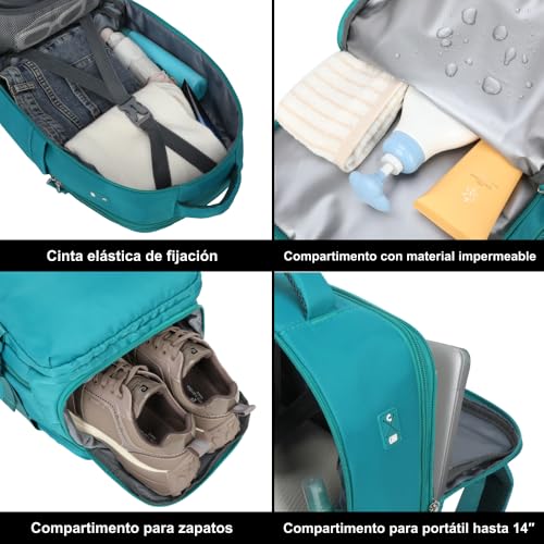 Detalle 2 de Mochila de viaje cabina expandible 1990s Verde 40x25x20-25 cm, 25 L con compartimento para zapatillas y portátil de 14