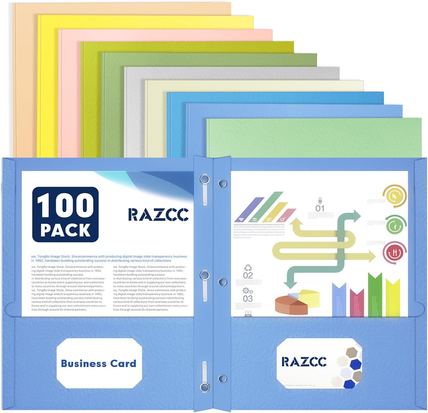 RAZCC Two Pocket Folders with Prongs, Letter Size, 10 Colors, 100-Pack