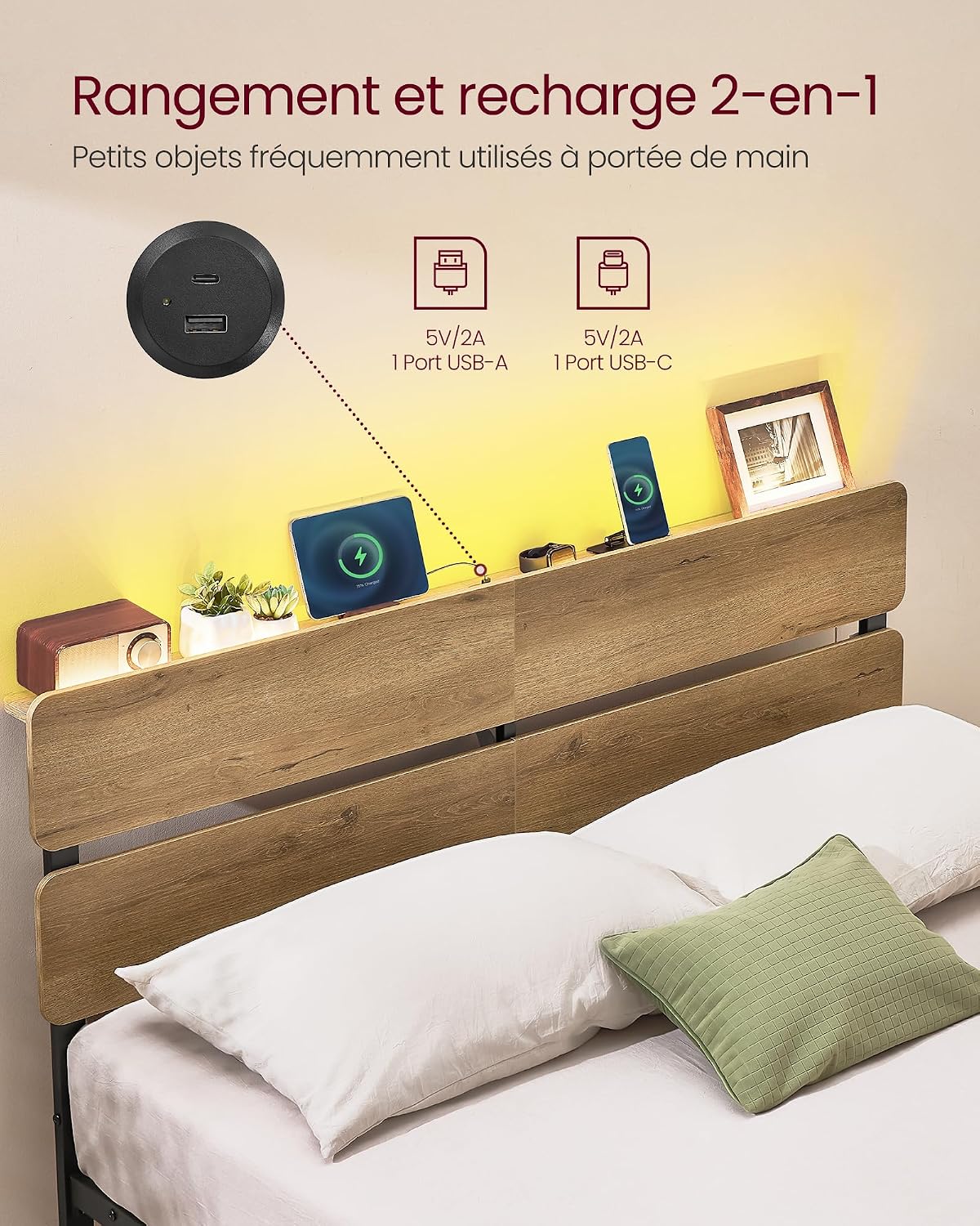 Detalle 2 de VASAGLE Cadre de lit 140 x 190 avec sommier métal RMB103K01