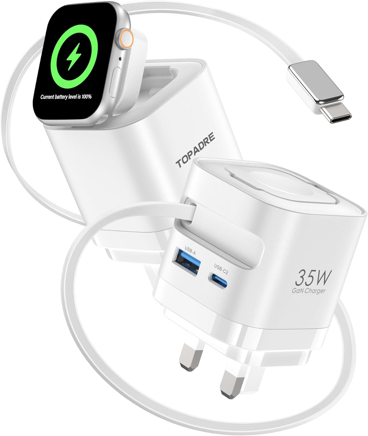 Detalle de 65W Retractable Wall Charger with Cables (3-Port) – GaN, USB-C & USB-A, for Apple Watch, iPhone, iPad, MacBook and more