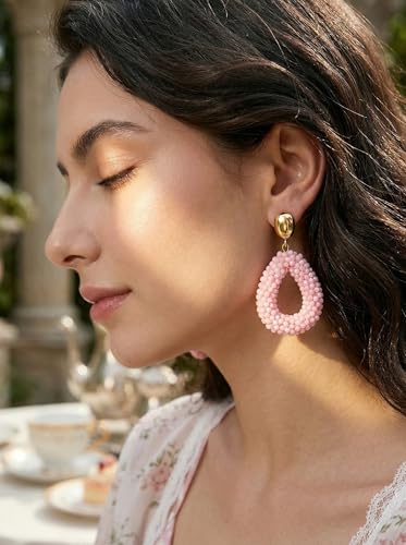Detalle de Boho Ohrringe hängend für Damen – Tropfenförmige Reisperlen von Joya Love