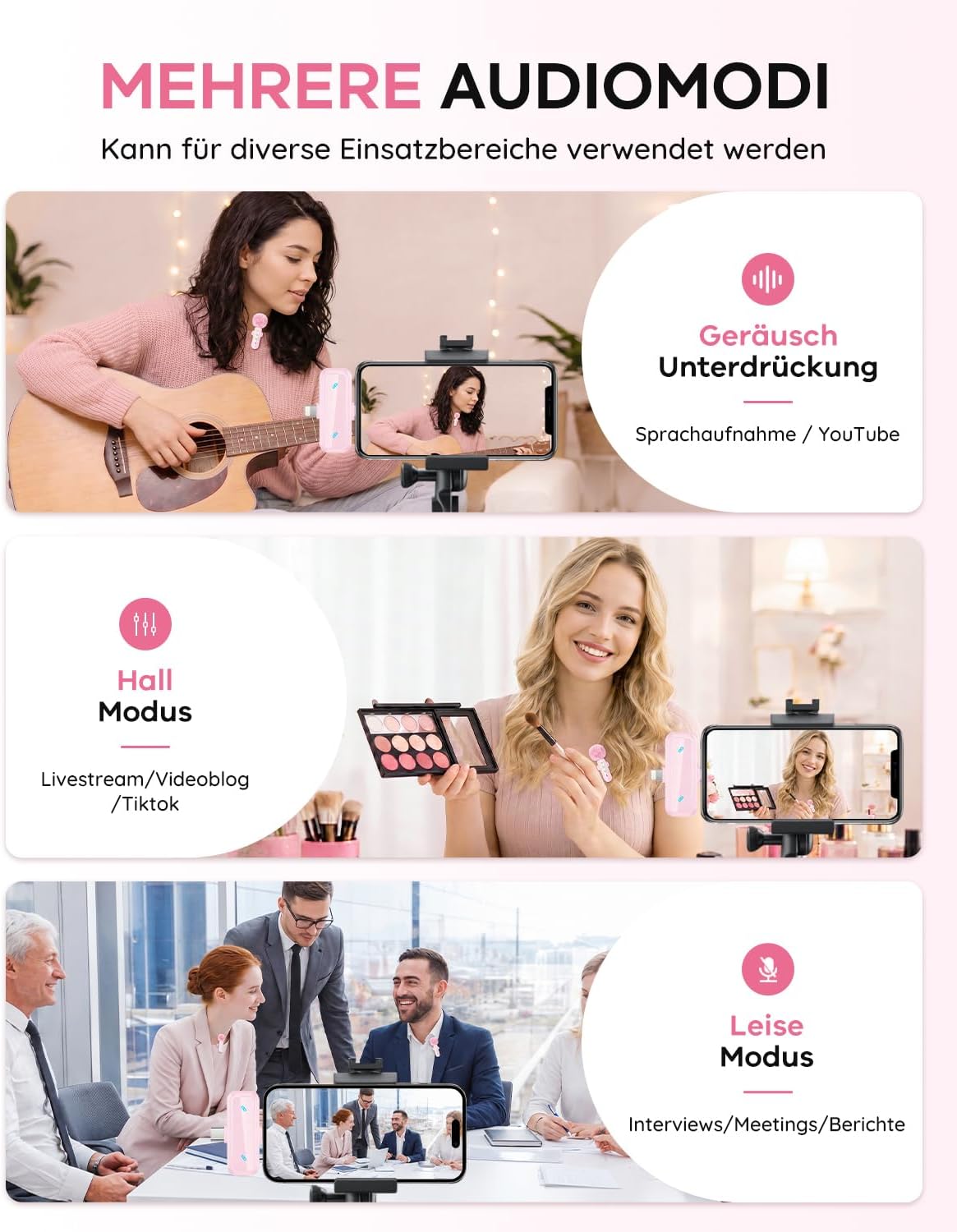 Thumbnail 6 de Bayanbulu Kabelloses Lavalier-Mikrofon für iPhone, iPad und Android – Rosa