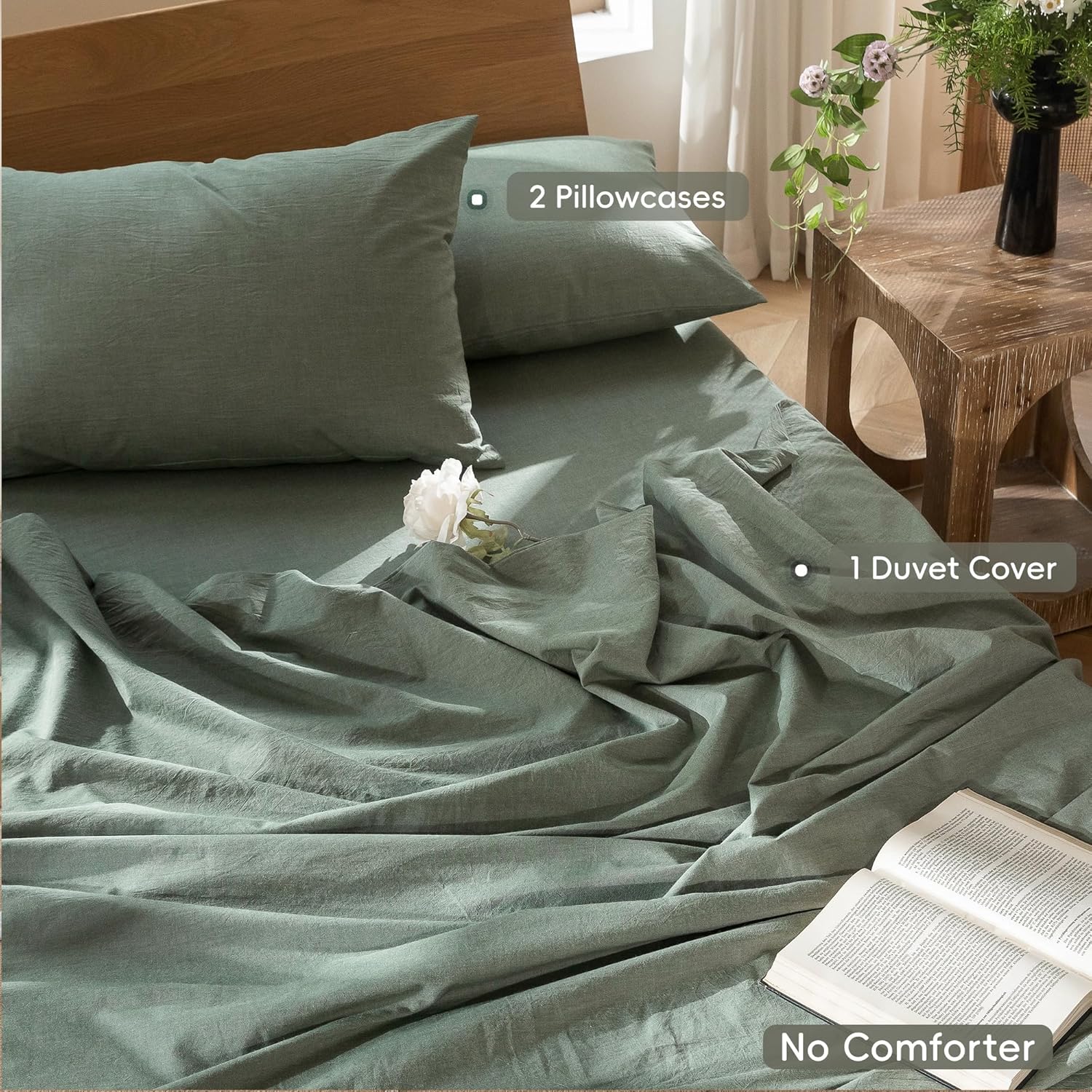 Thumbnail 1 de MooMee Bedding Duvet Cover Set: 100% Washed Cotton, Linen-Like Texture in Heathered Green (King, 104x90)