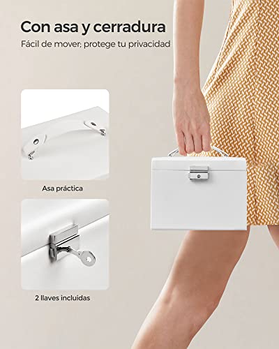 Detalle de Caja Joyero SONGMICS JBC154W01 de 3 niveles con asa, espejo y cerradura – Blanco clásico