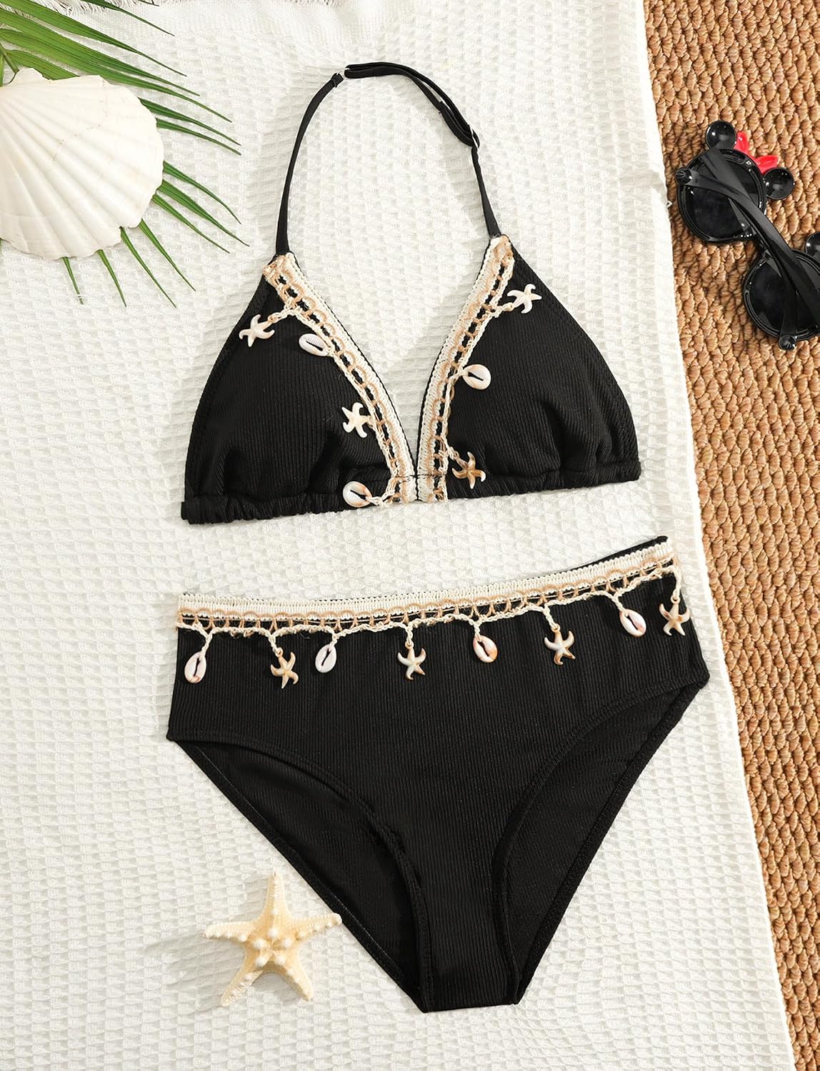 Detalle de Girls 3 Piece Ribbed Bikini Set with Chest Pad, Backless Halter Neck Triangle Swimsuit and Beach Skirt – 8-12 Years