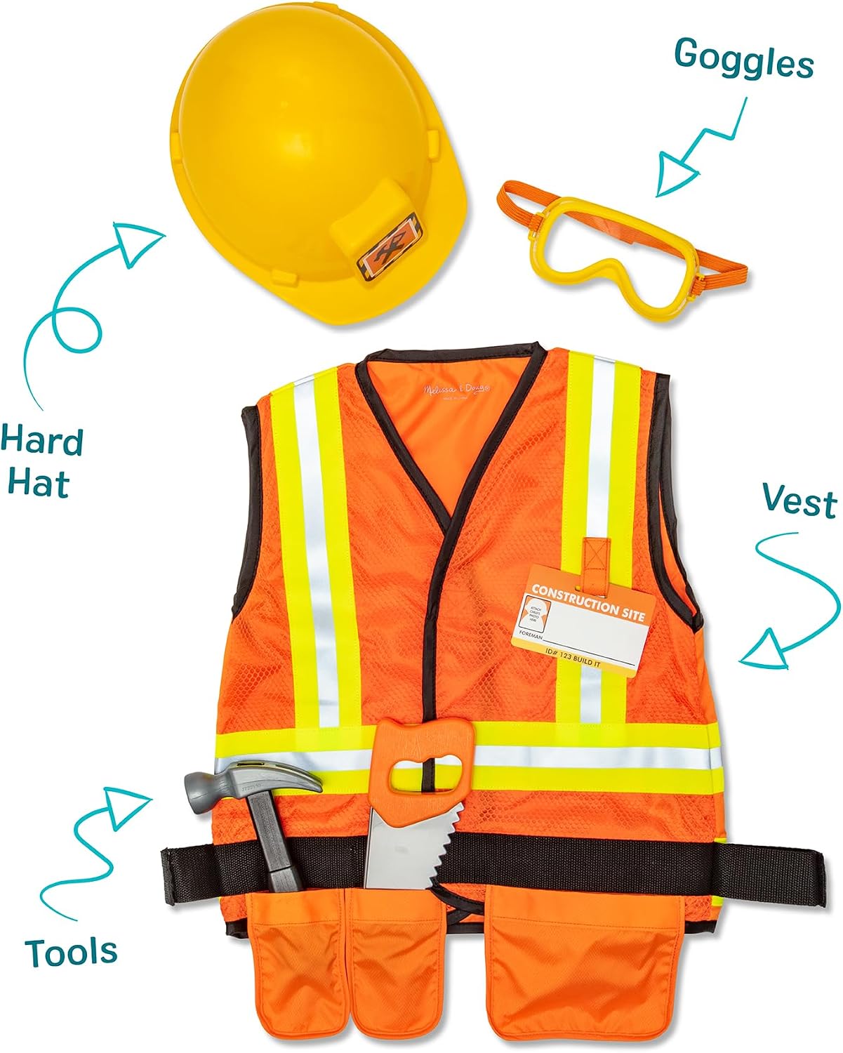 Thumbnail 2 de Melissa & Doug Construction Worker Role Play Costume Dress-Up Set (6 pcs) for kids 3–6