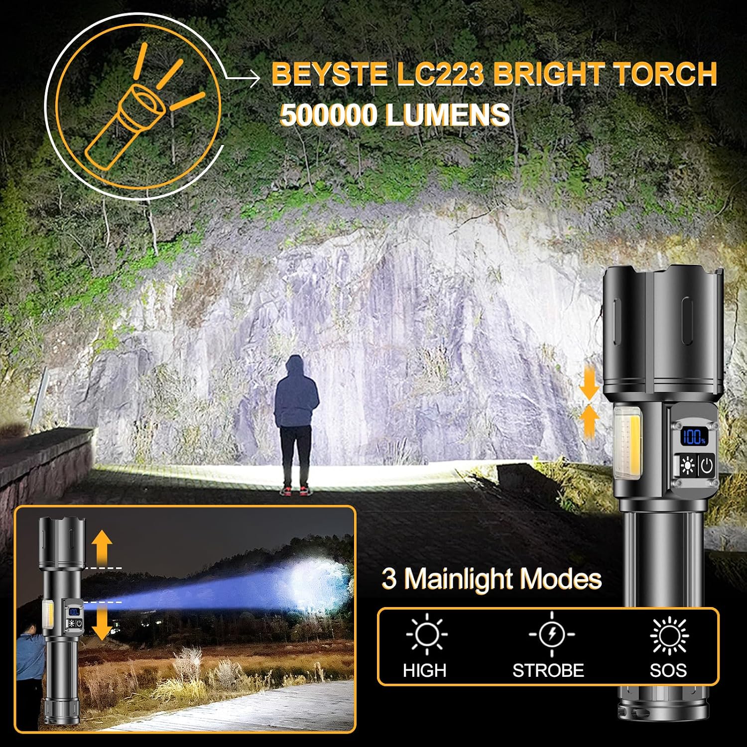 Detalle 2 de BEYSTE Torches LED Super Bright Rechargeable, 500000 Lumen Torch 🪟