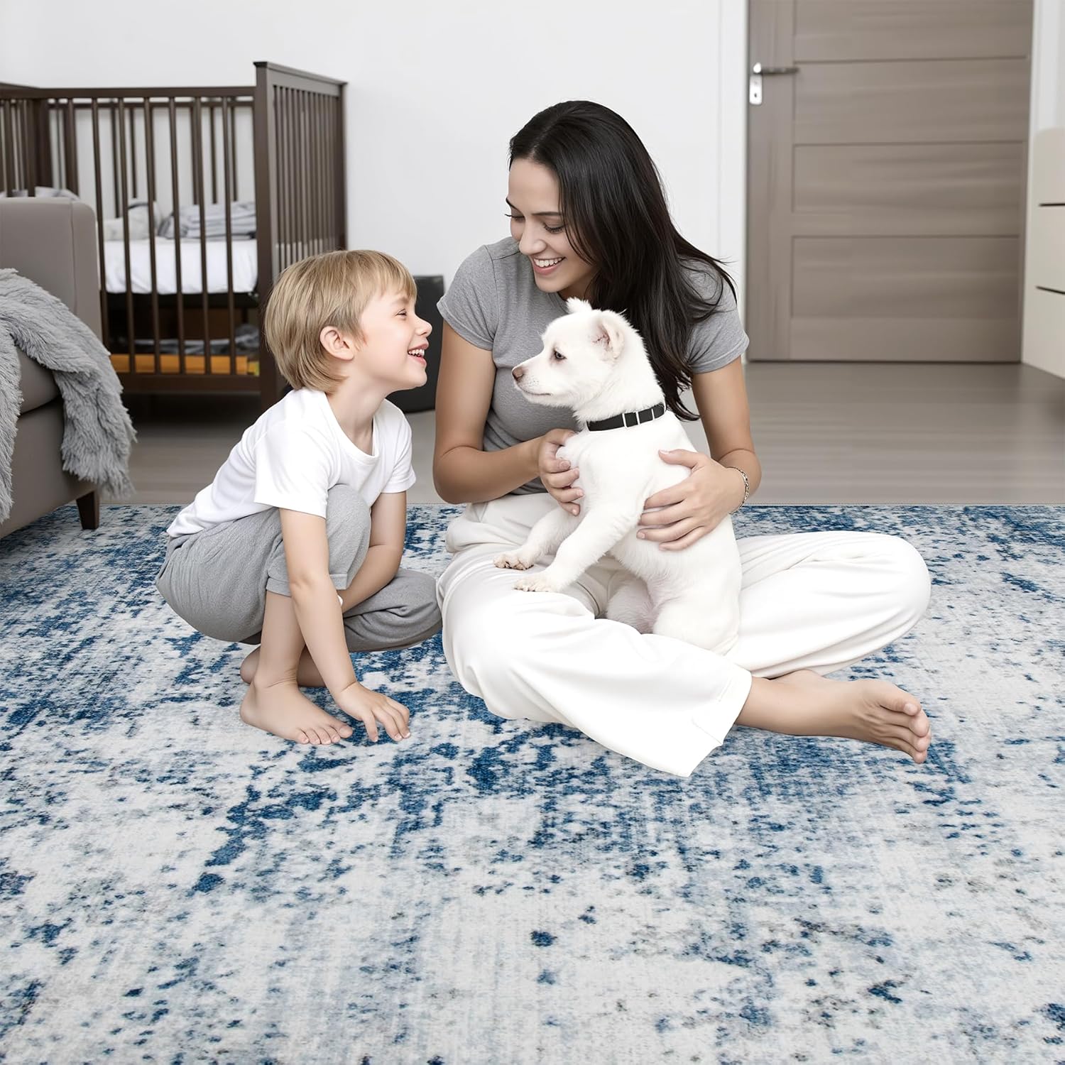 Thumbnail 6 de Round 8-Ft Washable Abstract Area Rug – Blue for Living Room