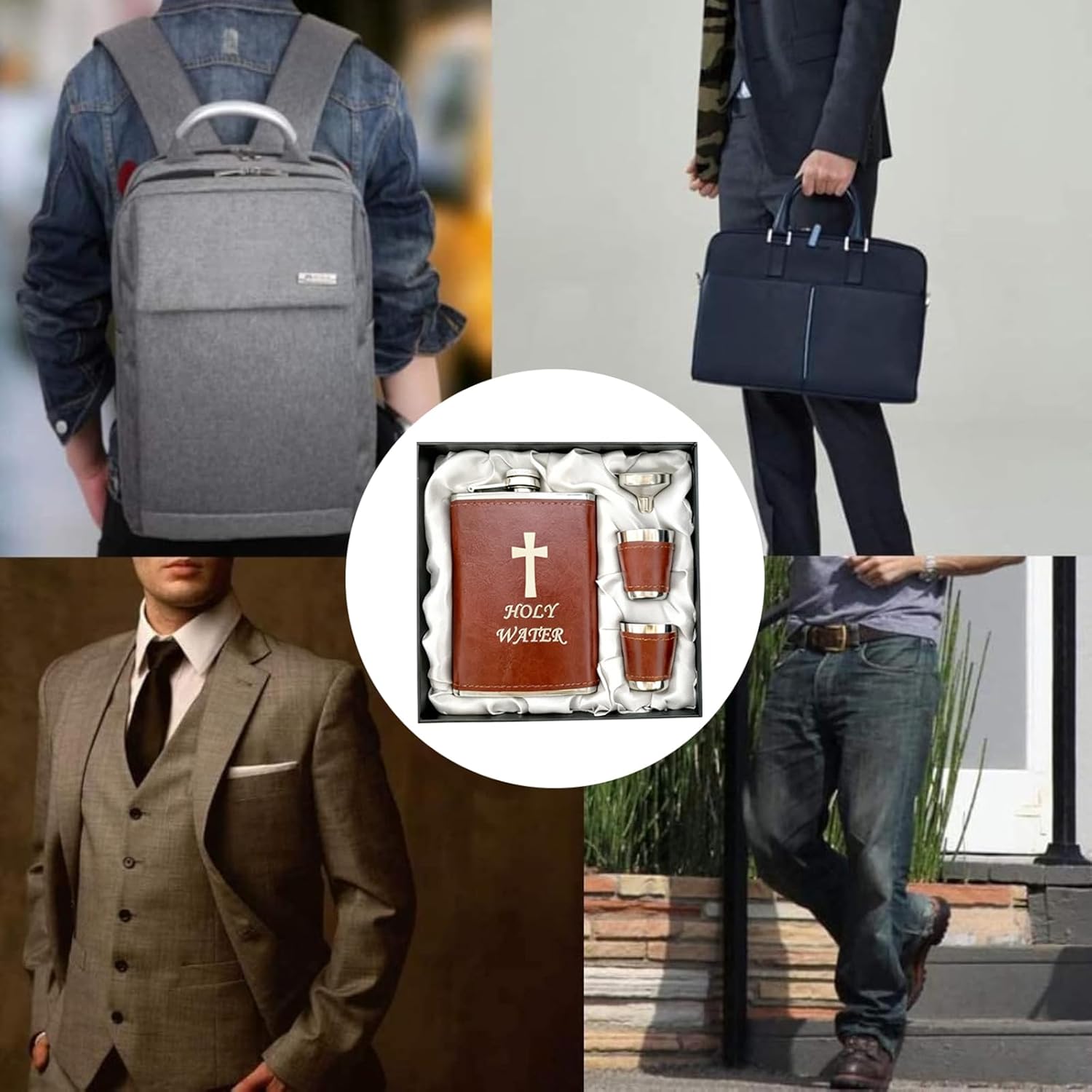 Detalle de Hip Flask Set with Funnel and Shot Glasses, 8 oz Stainless Steel & PU Leather – Leak-Proof, Brown (Holy Water) – Ideal Gift