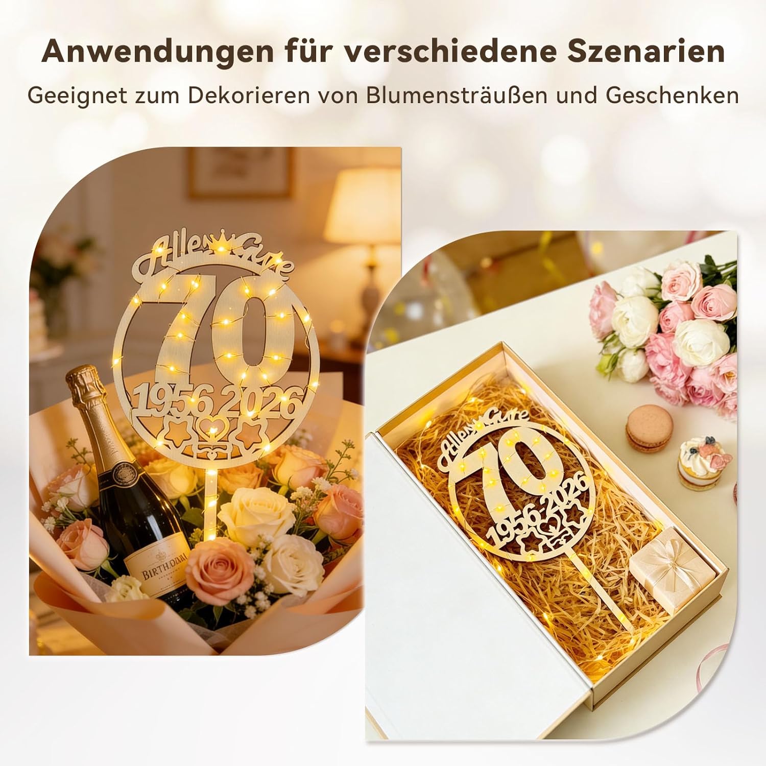 Thumbnail 3 de Tortendeko 70. Geburtstag Frau & Mann: Holz-Tortenaufleger mit LED-Lichterkette 1956 bis 2026 (Seutgjie)