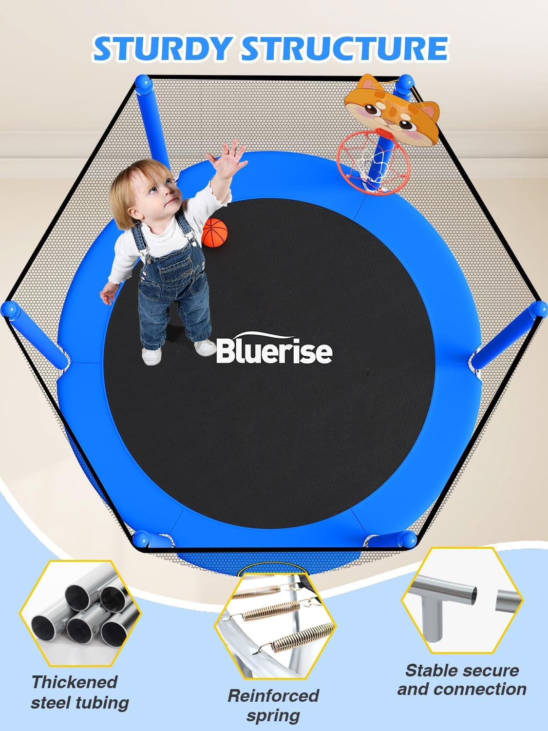 Detalle 2 de BLUERISE 55in 6ft Toddler Trampoline with Enclosure Net and Basketball Hoop Attachment